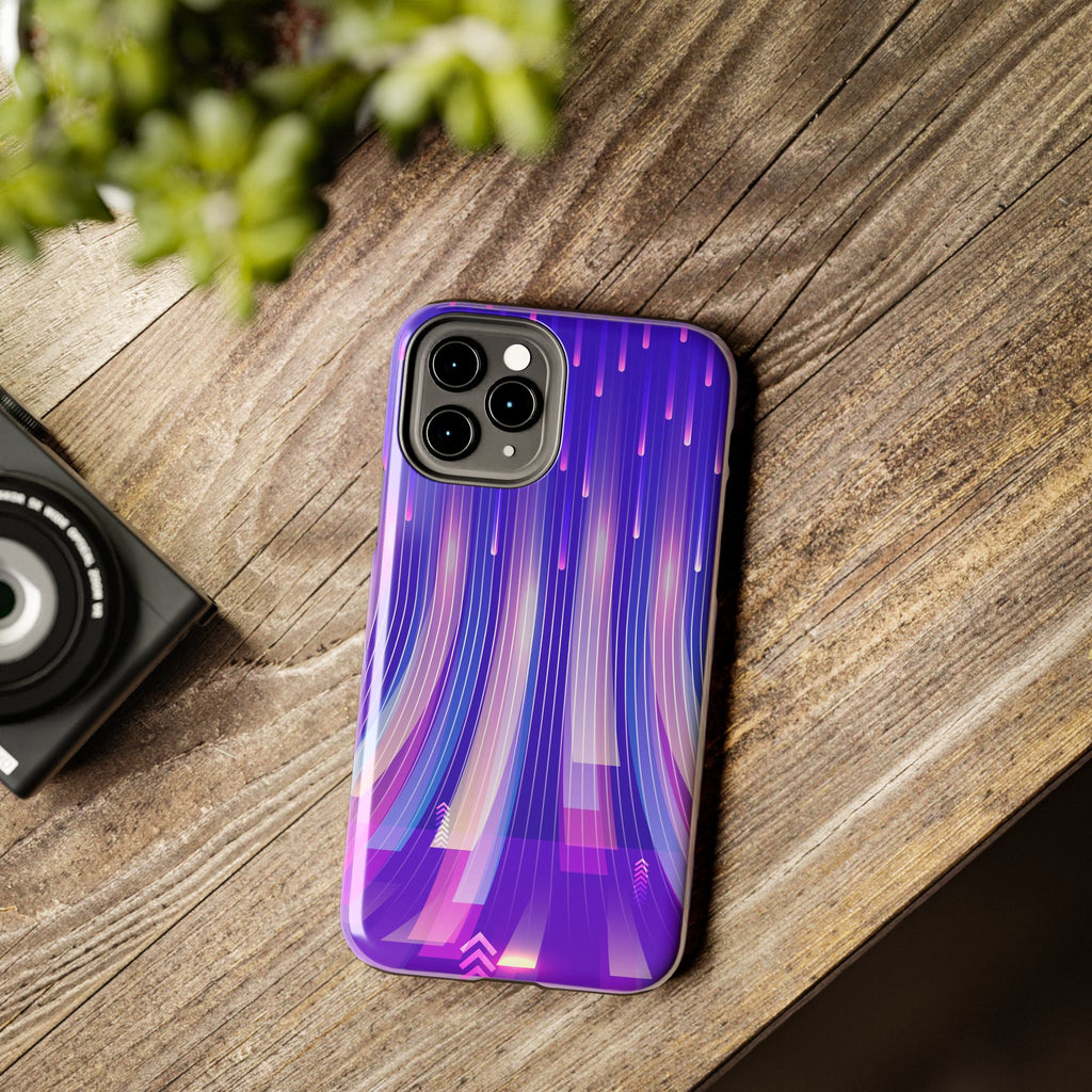 iPhone Samsung Tough Phone Case — Purple Gradient Light Trails Protective Cover — Abstract Glowing Dynamic Design