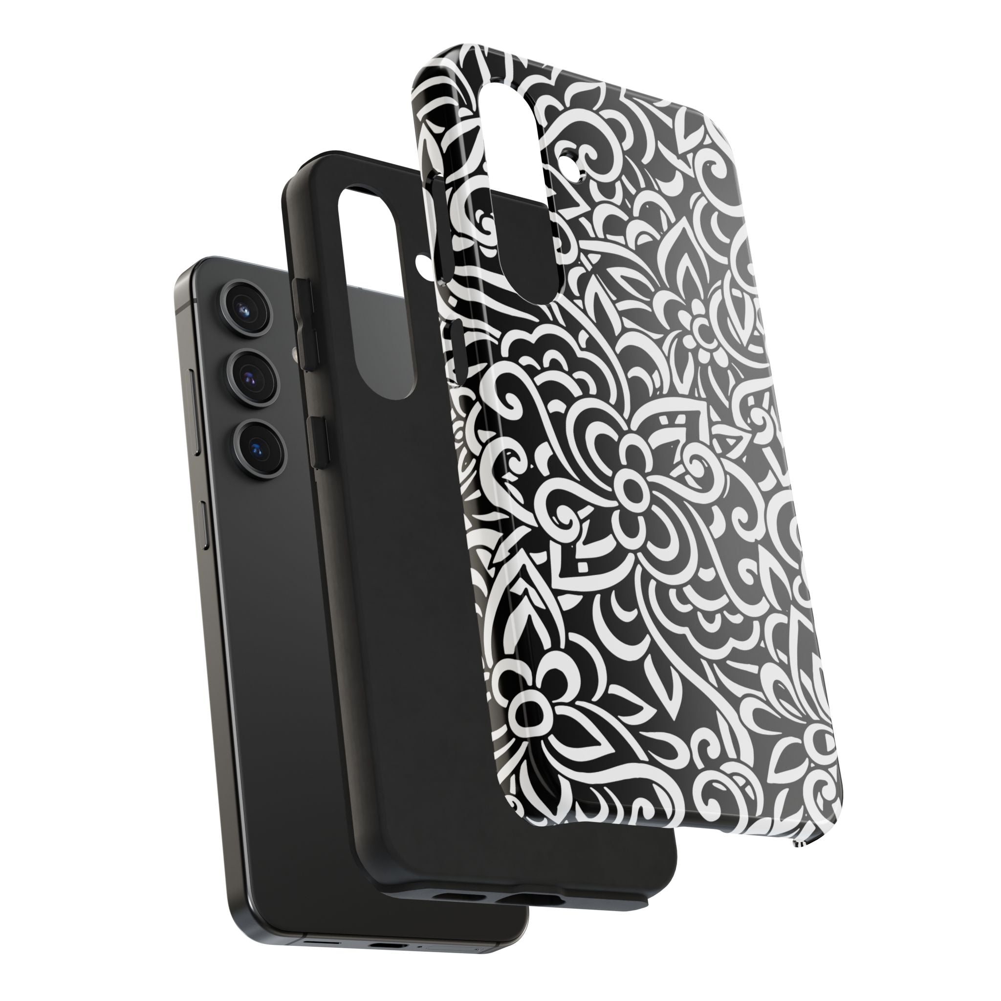 iPhone Samsung Floral Lace Tough Phone Case — Black & White Protective iPhone Cover #8594775703735