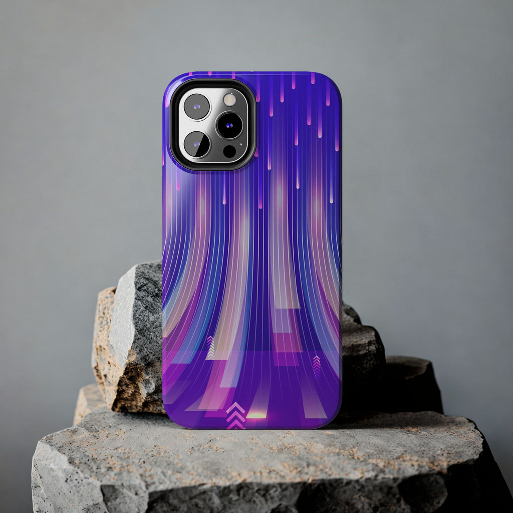iPhone Samsung Tough Phone Case — Purple Gradient Light Trails Protective Cover — Abstract Glowing Dynamic Design