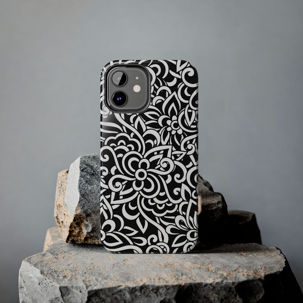 iPhone Samsung Floral Lace Tough Phone Case — Black & White Protective iPhone Cover #8594775703735