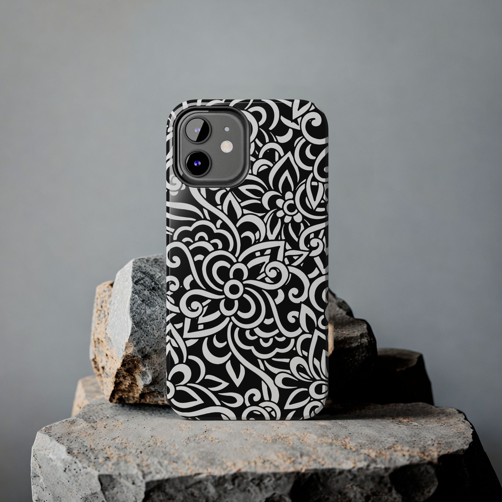iPhone Samsung Floral Lace Tough Phone Case — Black & White Protective iPhone Cover #8594775703735