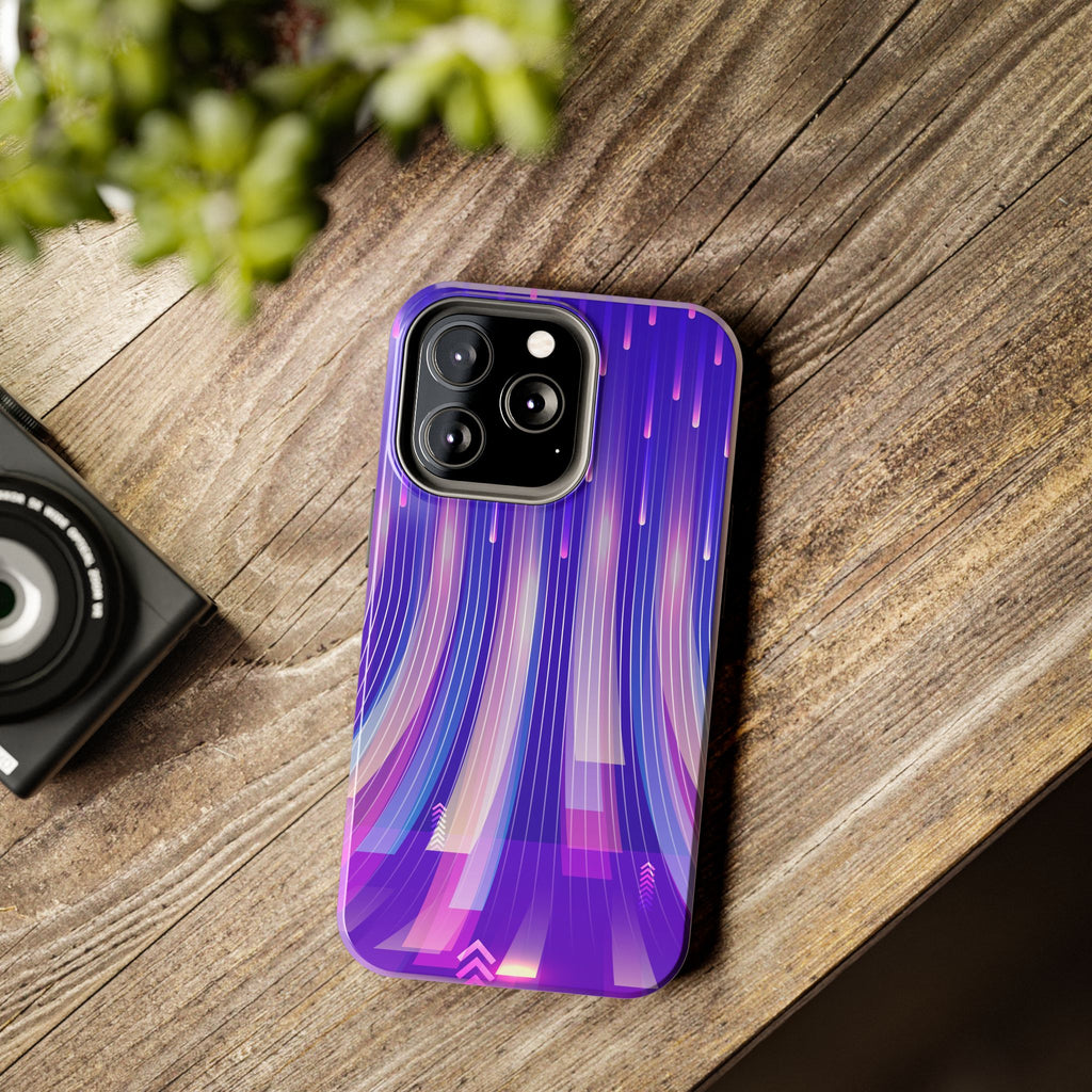 iPhone Samsung Tough Phone Case — Purple Gradient Light Trails Protective Cover — Abstract Glowing Dynamic Design