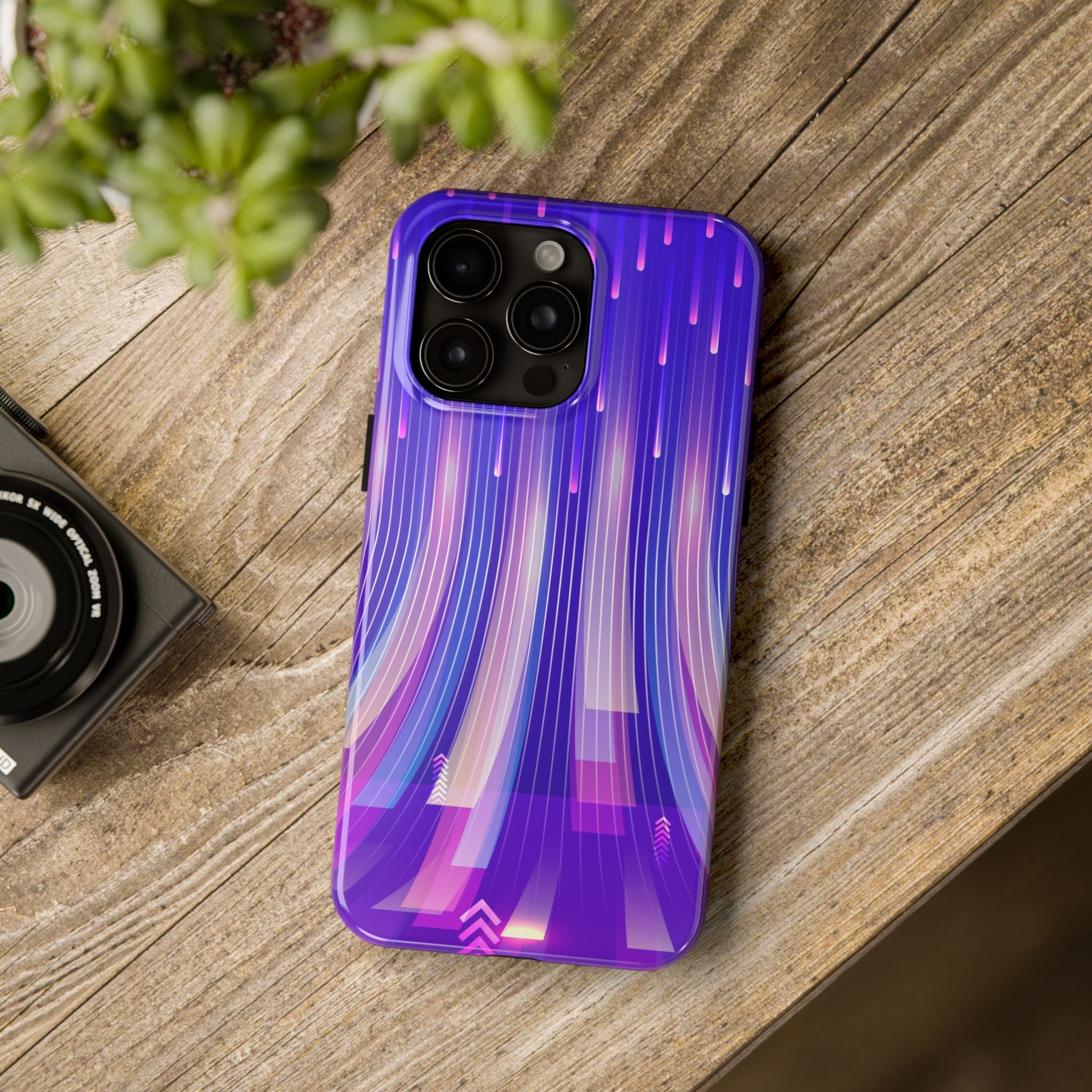 iPhone Samsung Tough Phone Case — Purple Gradient Light Trails Protective Cover — Abstract Glowing Dynamic Design