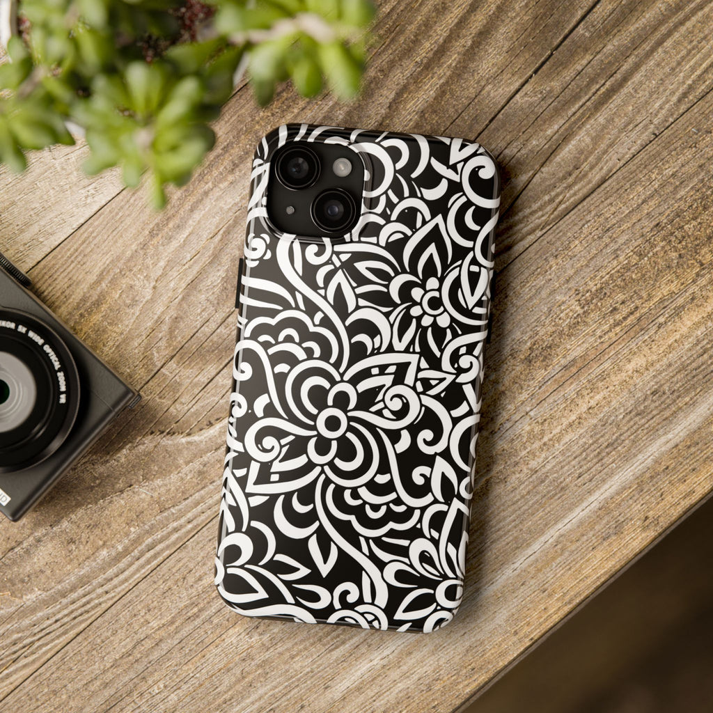iPhone Samsung Floral Lace Tough Phone Case — Black & White Protective iPhone Cover #8594775703735