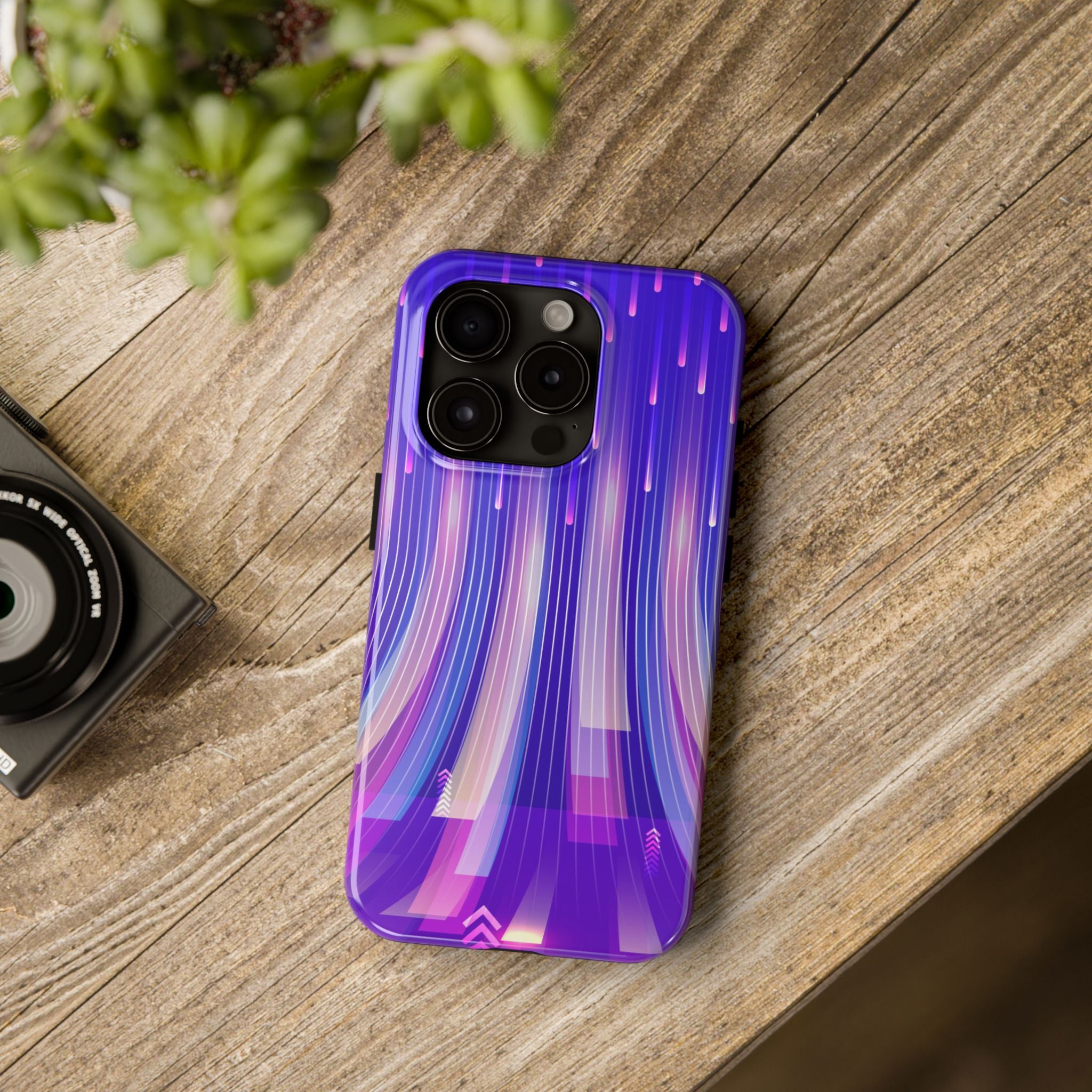iPhone Samsung Tough Phone Case — Purple Gradient Light Trails Protective Cover — Abstract Glowing Dynamic Design
