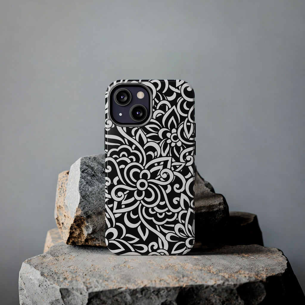 iPhone Samsung Floral Lace Tough Phone Case — Black & White Protective iPhone Cover #8594775703735