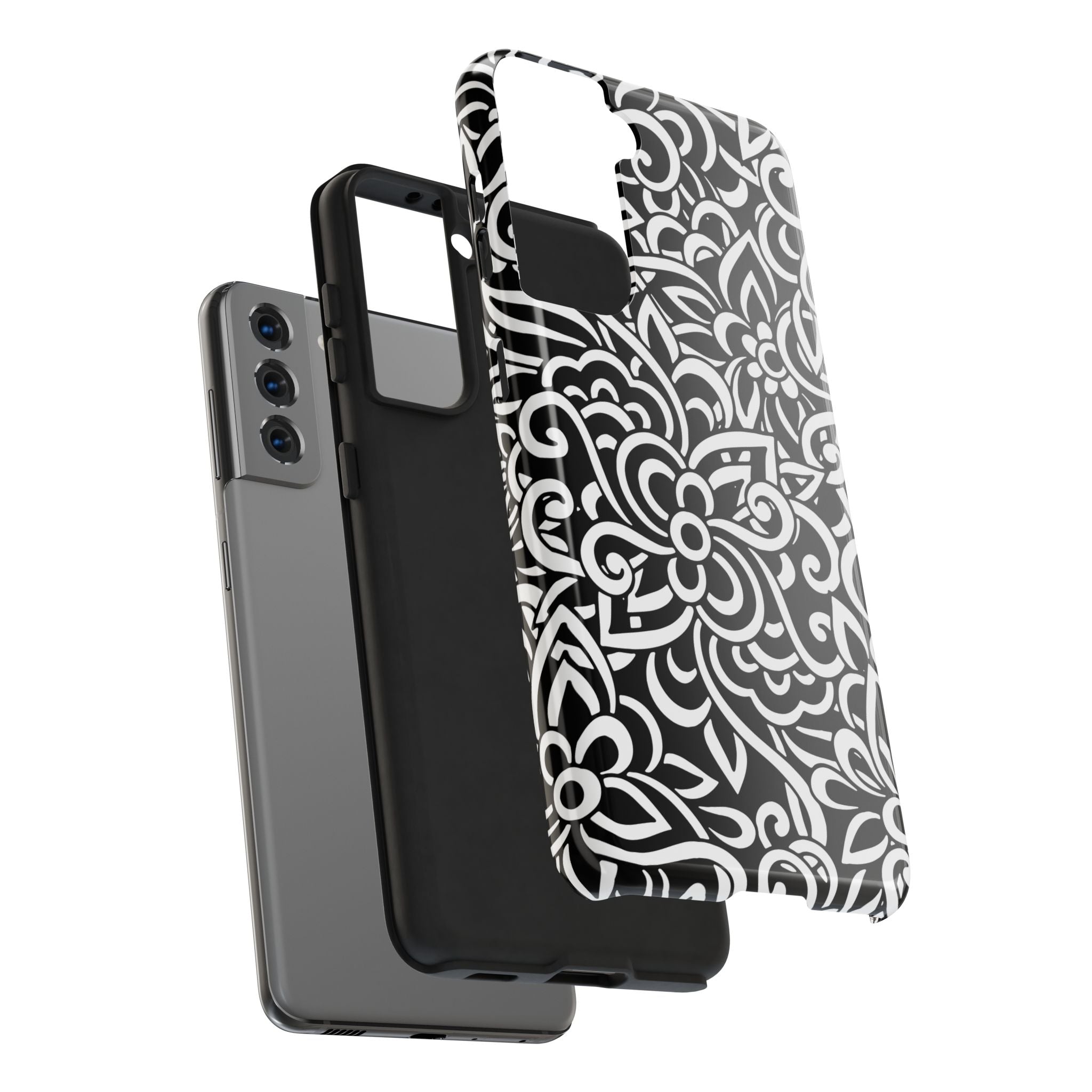 iPhone Samsung Floral Lace Tough Phone Case — Black & White Protective iPhone Cover #8594775703735