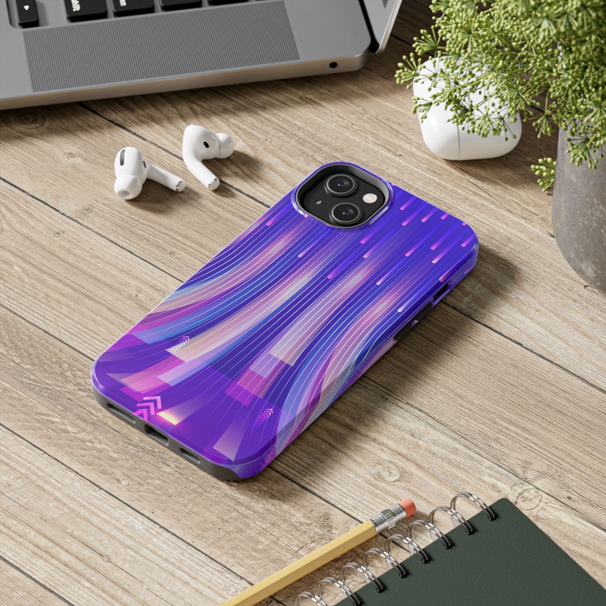 iPhone Samsung Tough Phone Case — Purple Gradient Light Trails Protective Cover — Abstract Glowing Dynamic Design
