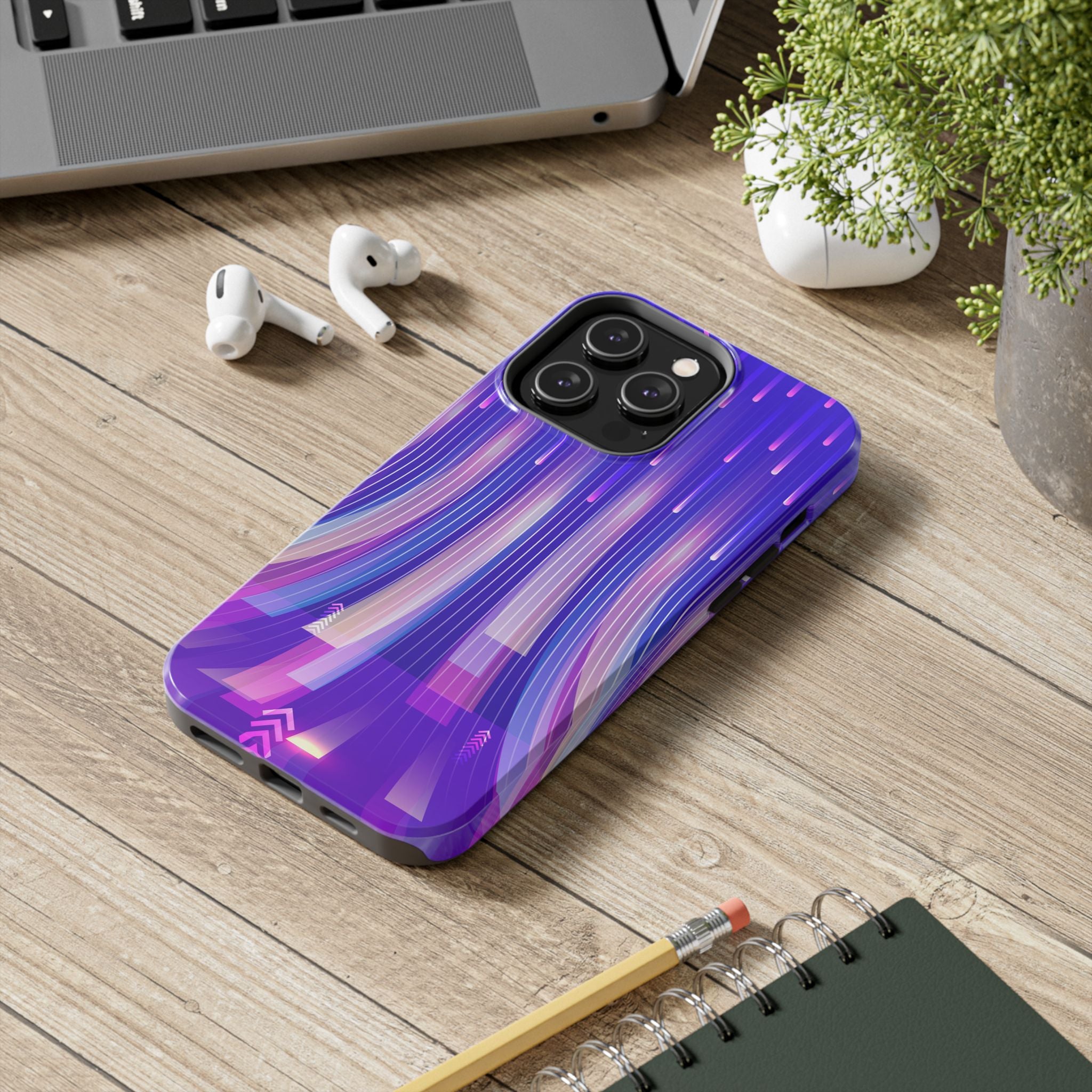 iPhone Samsung Tough Phone Case — Purple Gradient Light Trails Protective Cover — Abstract Glowing Dynamic Design