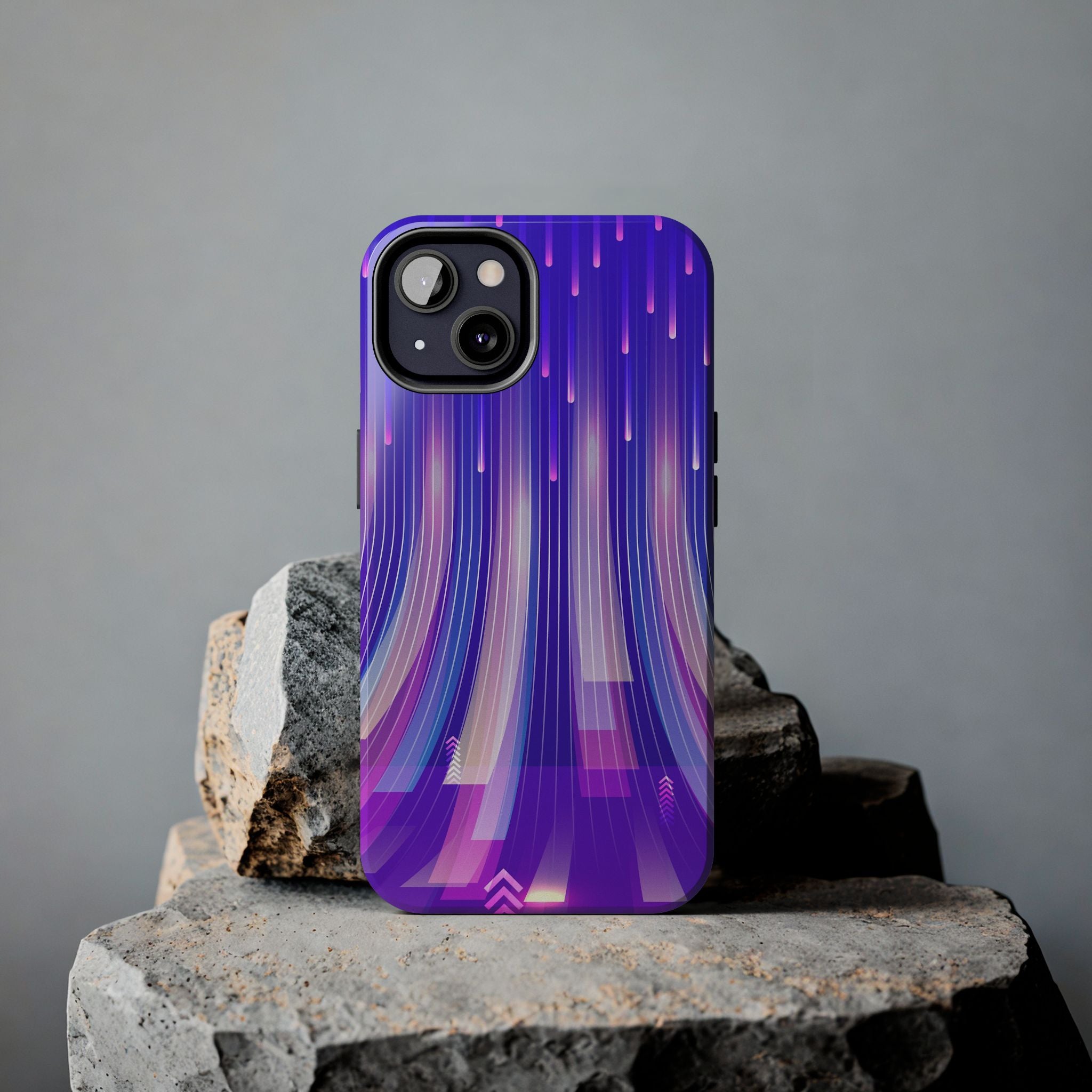 iPhone Samsung Tough Phone Case — Purple Gradient Light Trails Protective Cover — Abstract Glowing Dynamic Design