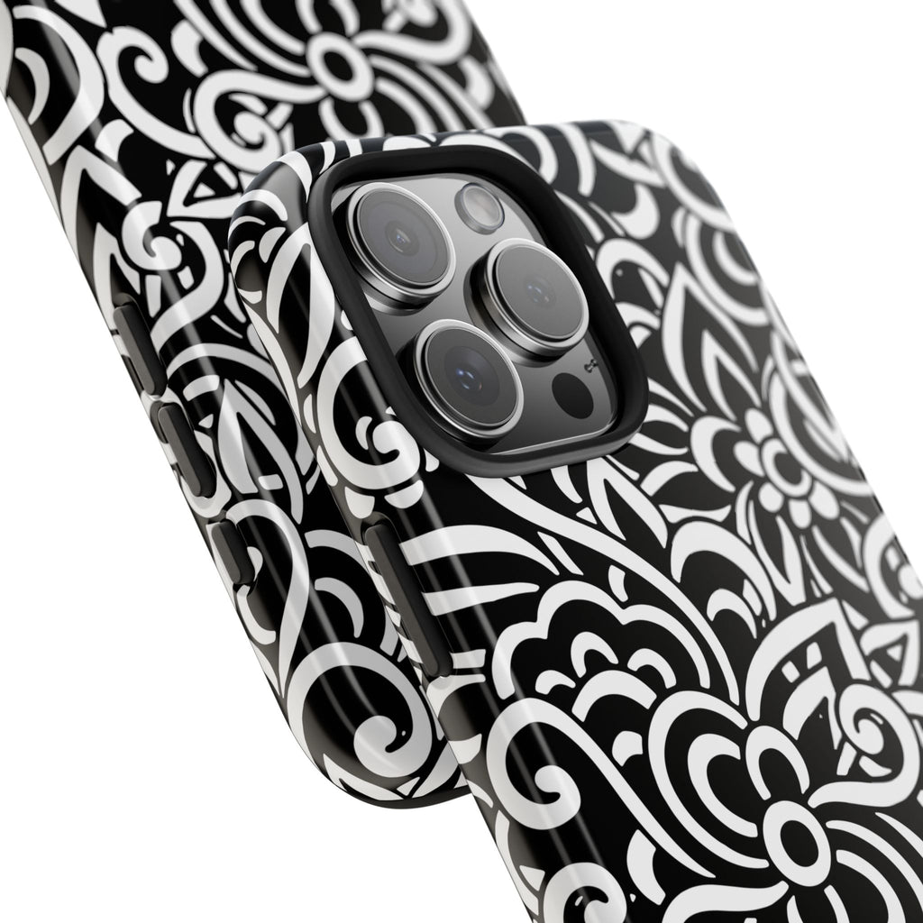 iPhone Samsung Floral Lace Tough Phone Case — Black & White Protective iPhone Cover #8594775703735