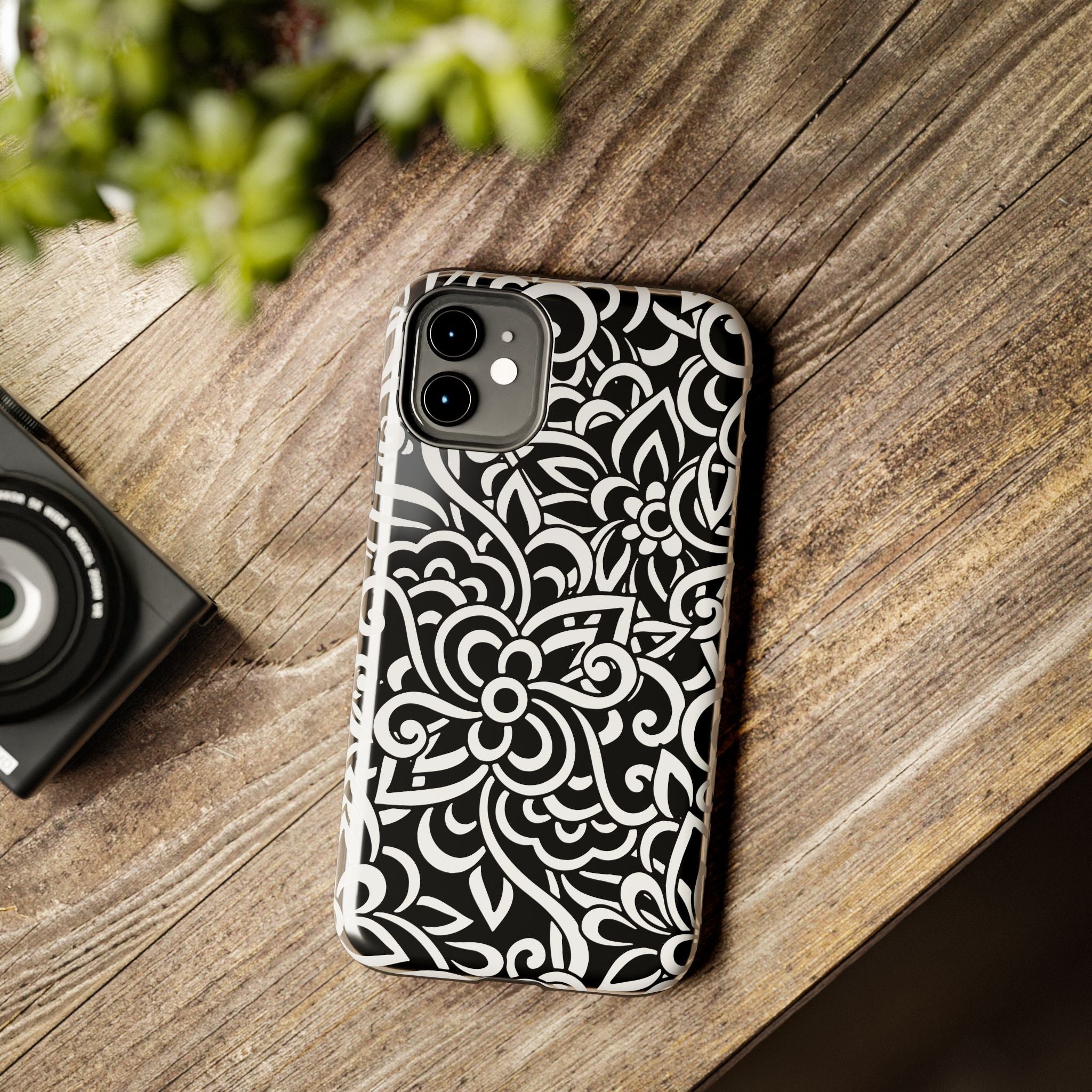 iPhone Samsung Floral Lace Tough Phone Case — Black & White Protective iPhone Cover #8594775703735