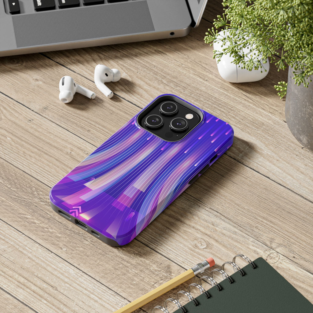 iPhone Samsung Tough Phone Case — Purple Gradient Light Trails Protective Cover — Abstract Glowing Dynamic Design