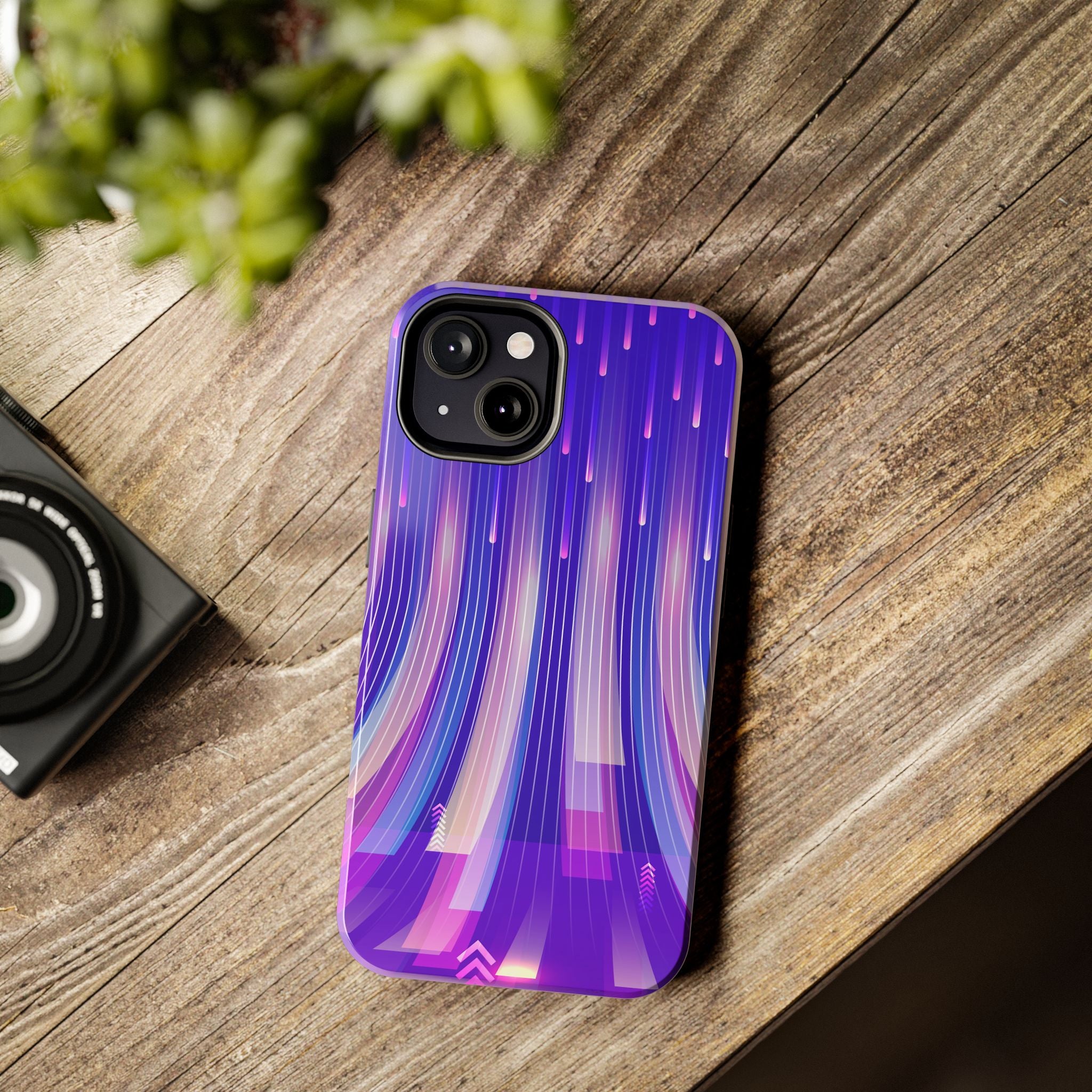 iPhone Samsung Tough Phone Case — Purple Gradient Light Trails Protective Cover — Abstract Glowing Dynamic Design