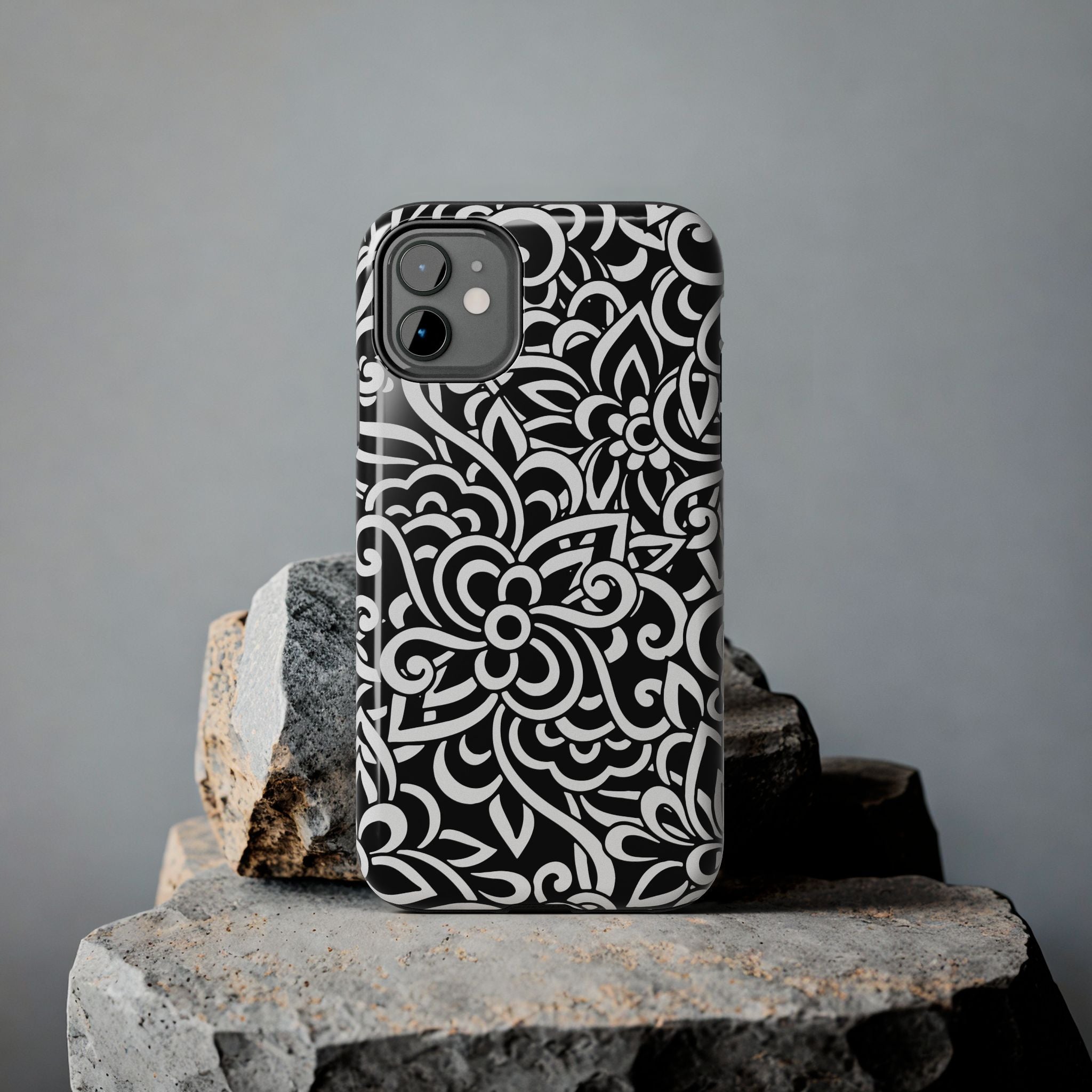 iPhone Samsung Floral Lace Tough Phone Case — Black & White Protective iPhone Cover #8594775703735