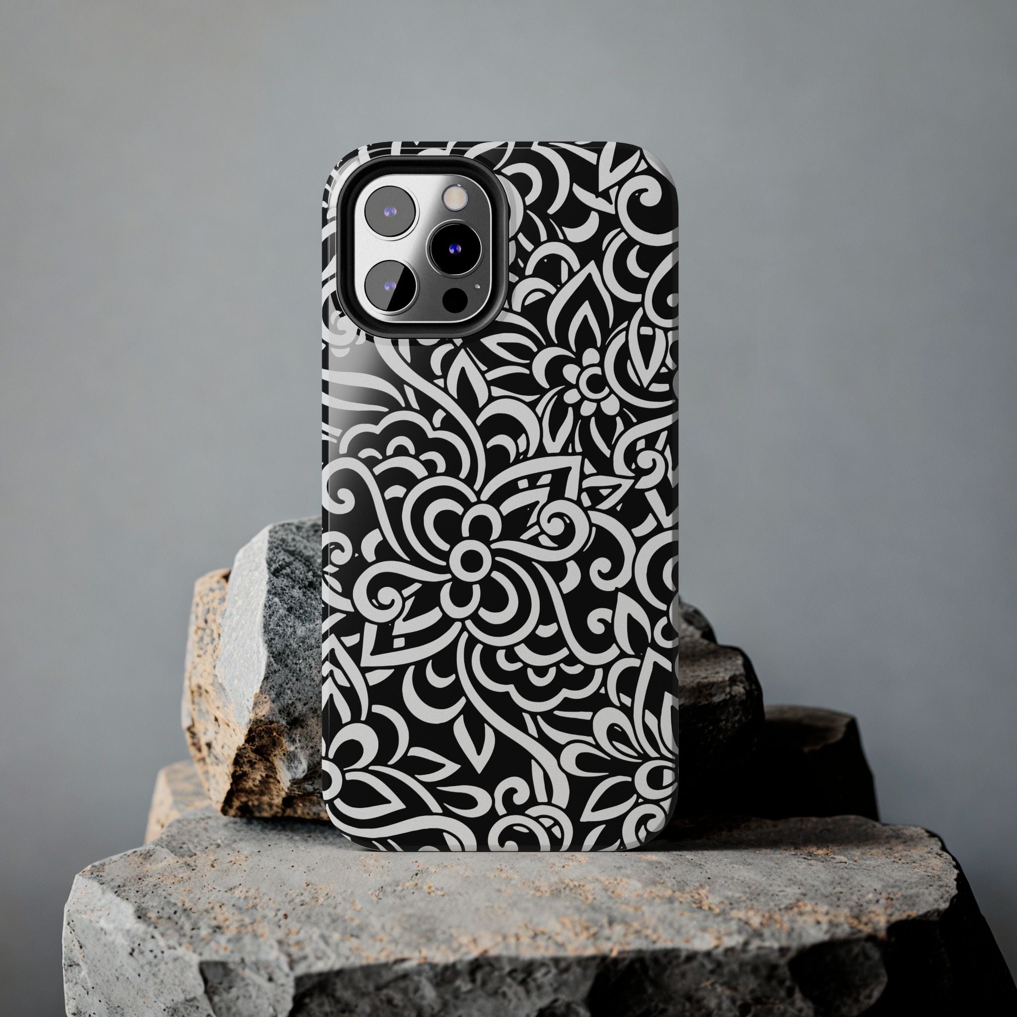iPhone Samsung Floral Lace Tough Phone Case — Black & White Protective iPhone Cover #8594775703735