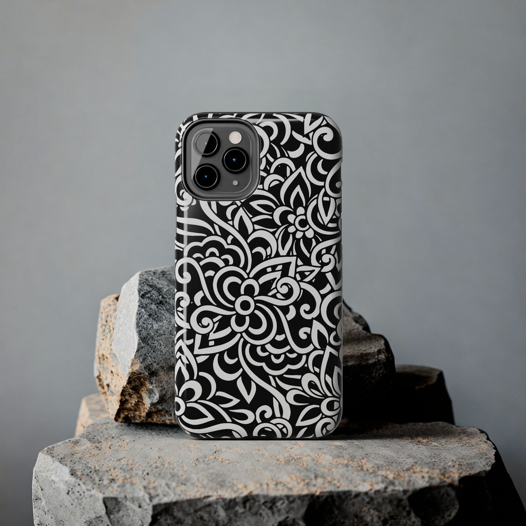 iPhone Samsung Floral Lace Tough Phone Case — Black & White Protective iPhone Cover #8594775703735