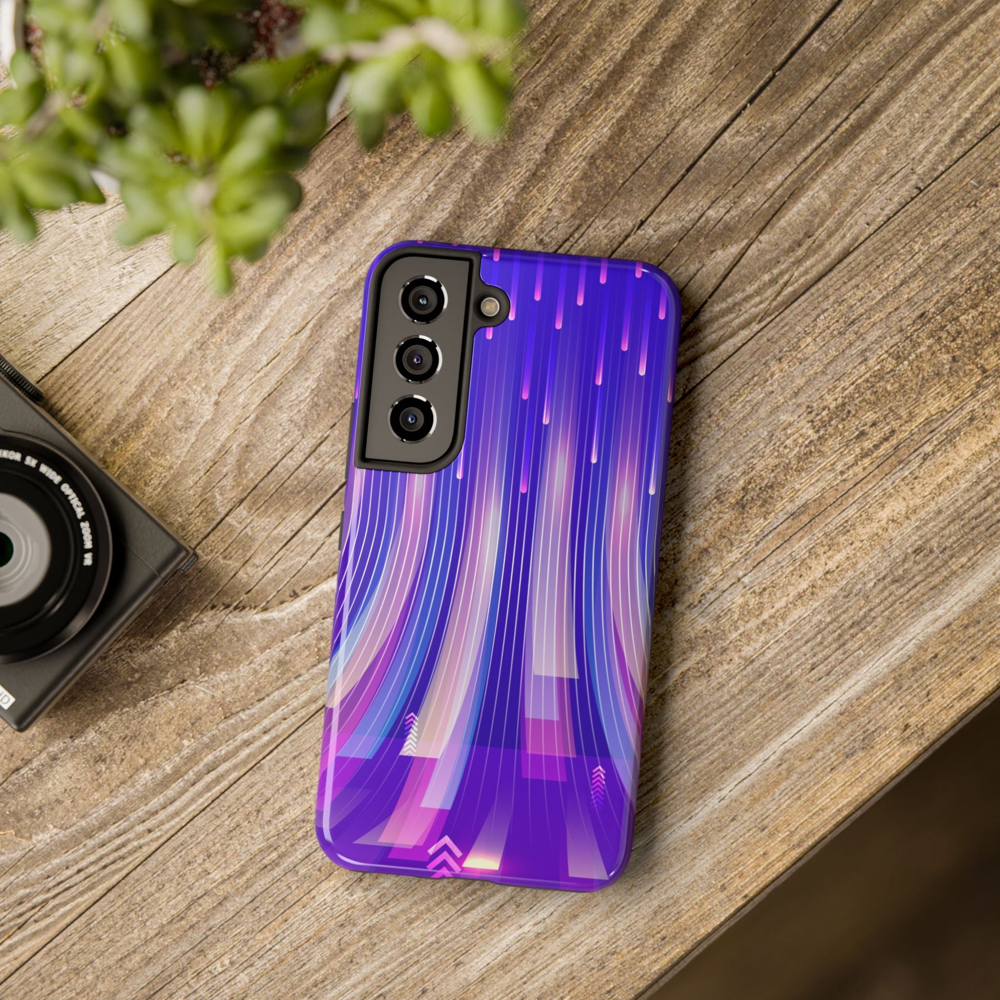 iPhone Samsung Tough Phone Case — Purple Gradient Light Trails Protective Cover — Abstract Glowing Dynamic Design