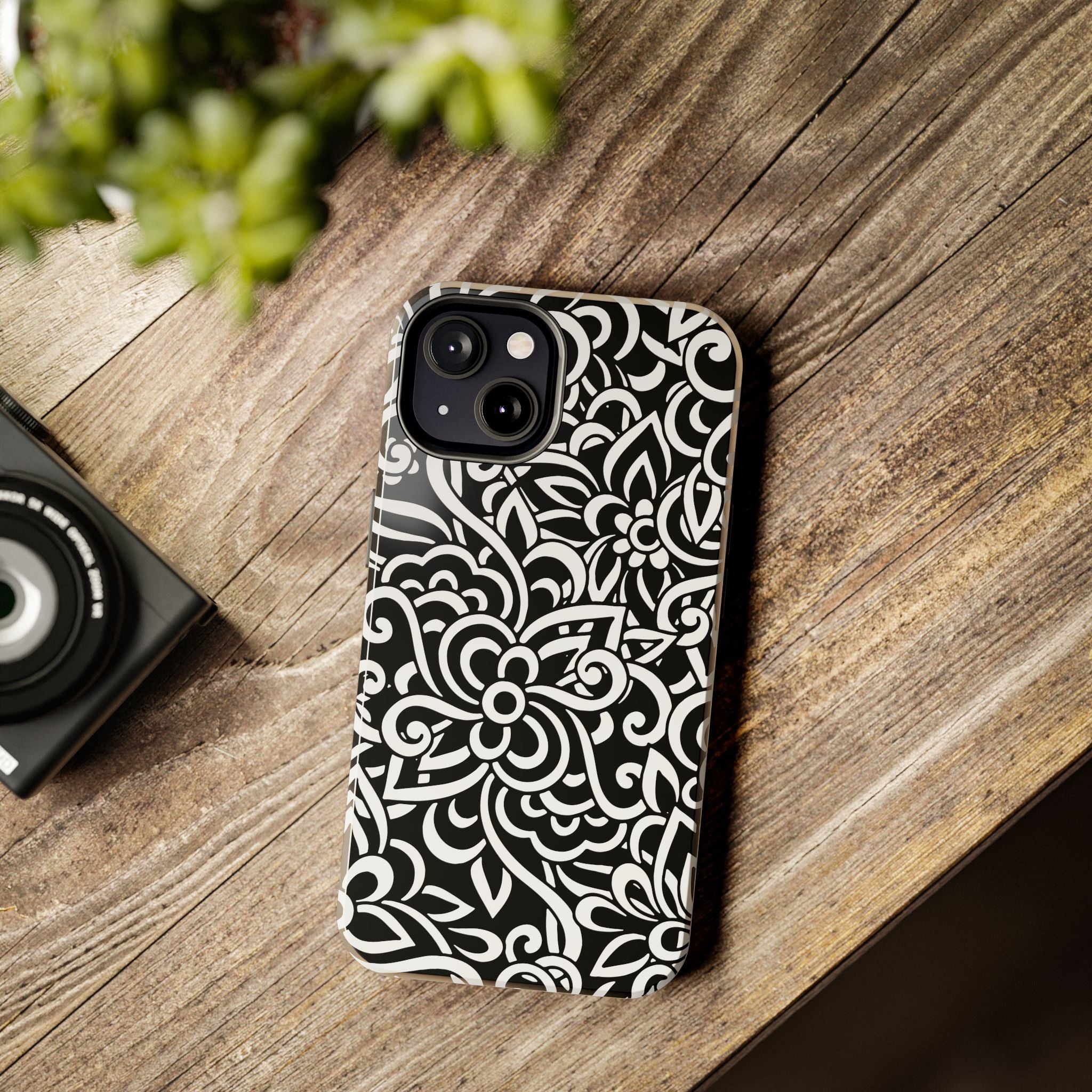 iPhone Samsung Floral Lace Tough Phone Case — Black & White Protective iPhone Cover #8594775703735