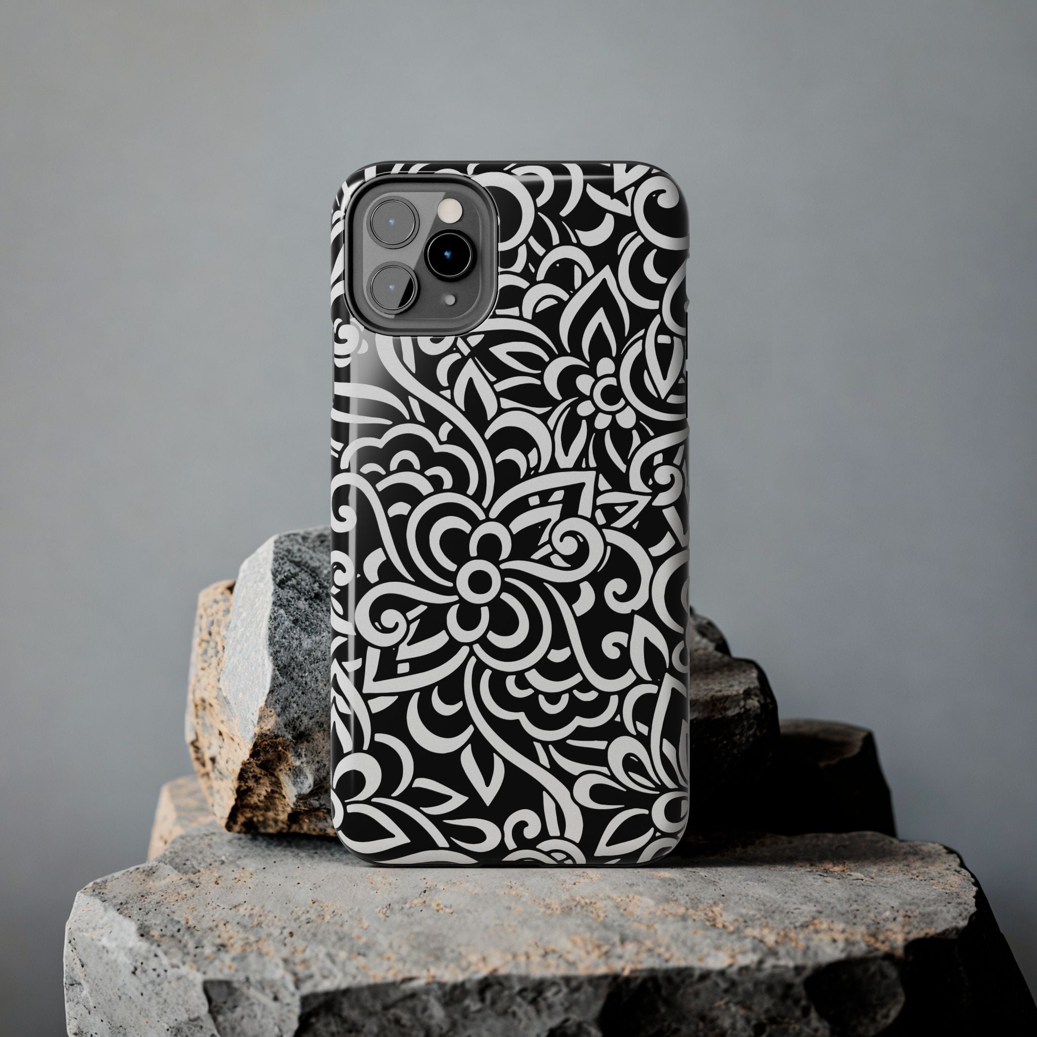 iPhone Samsung Floral Lace Tough Phone Case — Black & White Protective iPhone Cover #8594775703735