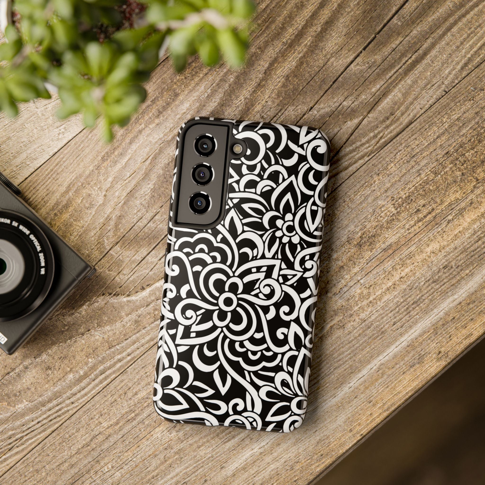 iPhone Samsung Floral Lace Tough Phone Case — Black & White Protective iPhone Cover #8594775703735