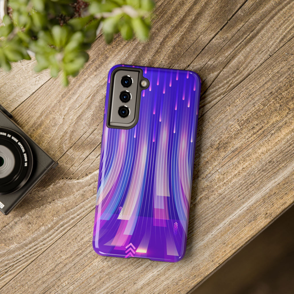 iPhone Samsung Tough Phone Case — Purple Gradient Light Trails Protective Cover — Abstract Glowing Dynamic Design