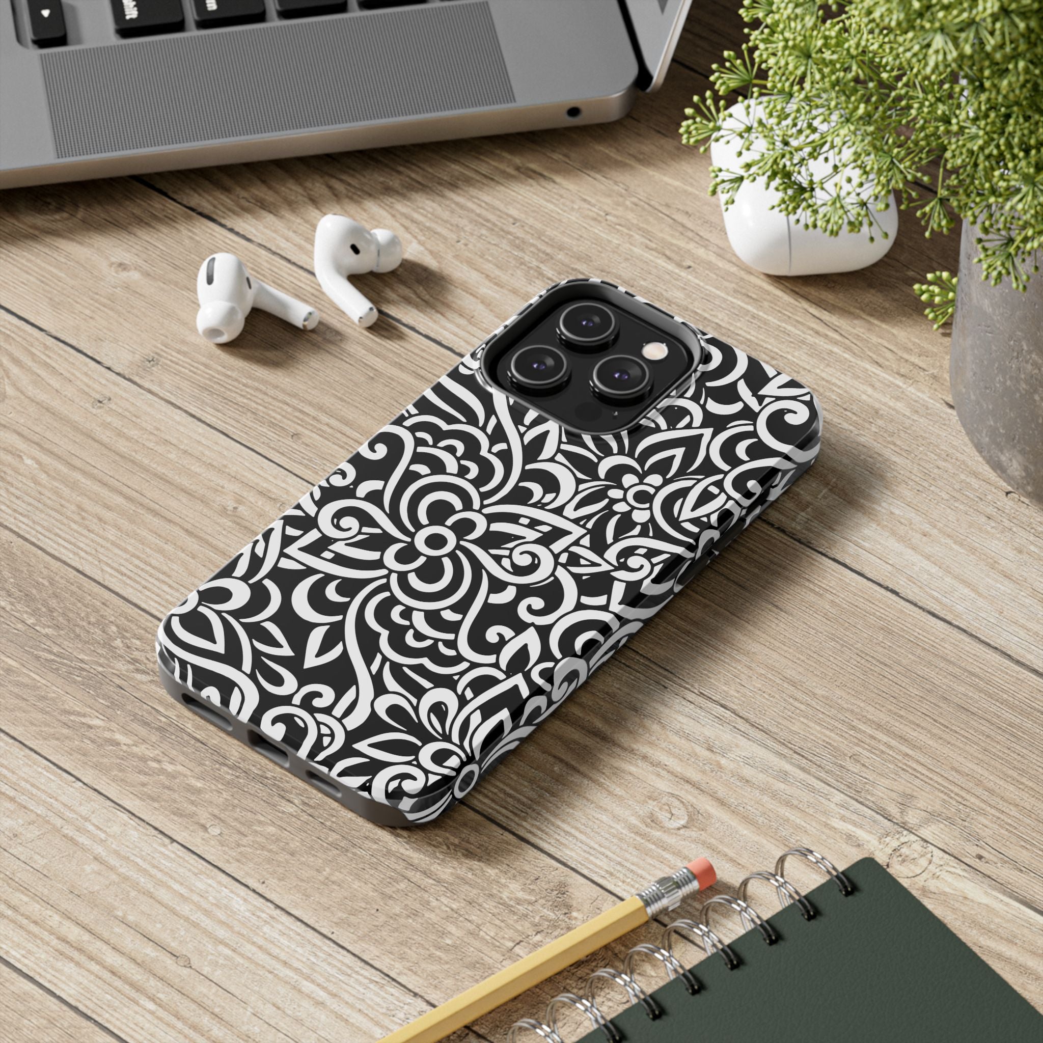 iPhone Samsung Floral Lace Tough Phone Case — Black & White Protective iPhone Cover #8594775703735