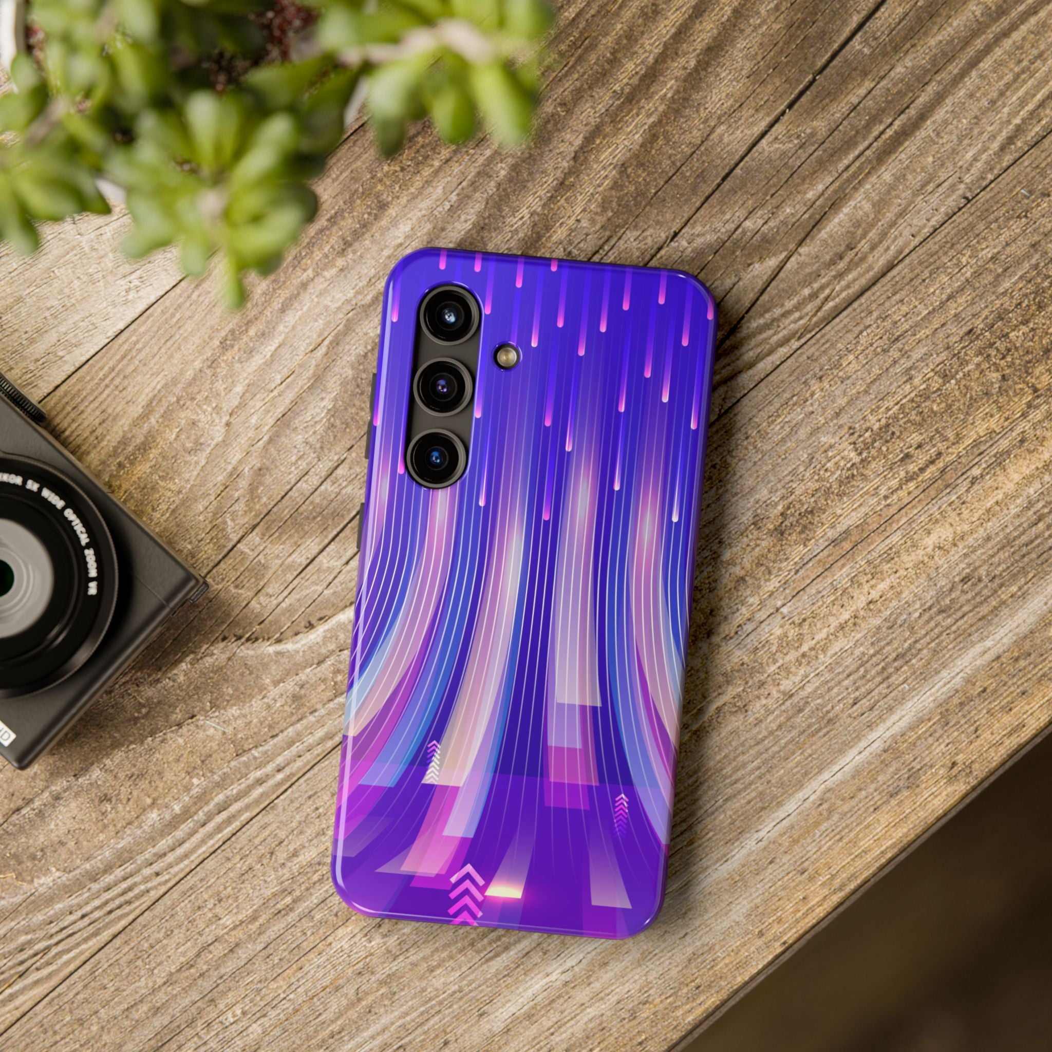 iPhone Samsung Tough Phone Case — Purple Gradient Light Trails Protective Cover — Abstract Glowing Dynamic Design