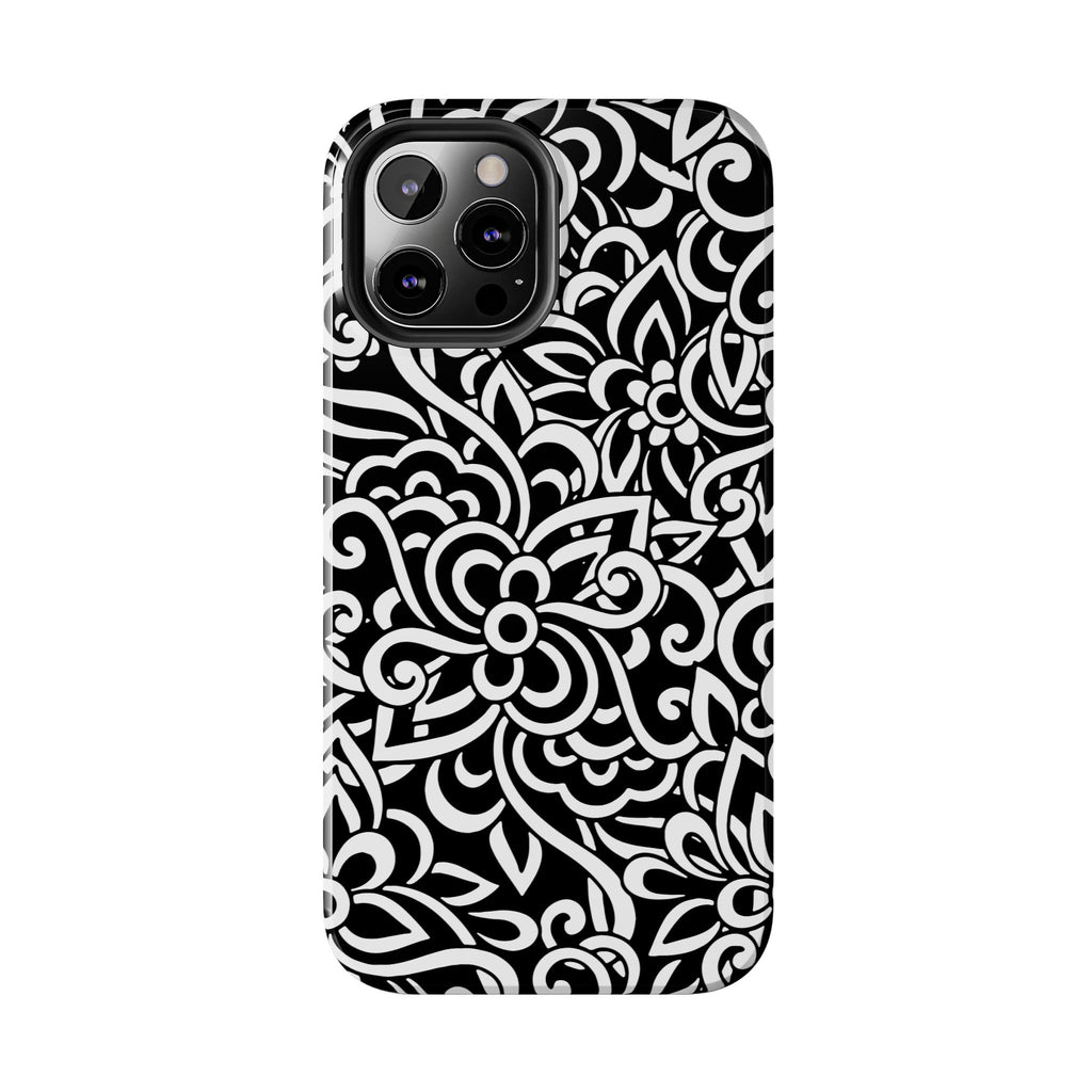 iPhone Samsung Floral Lace Tough Phone Case — Black & White Protective iPhone Cover #8594775703735
