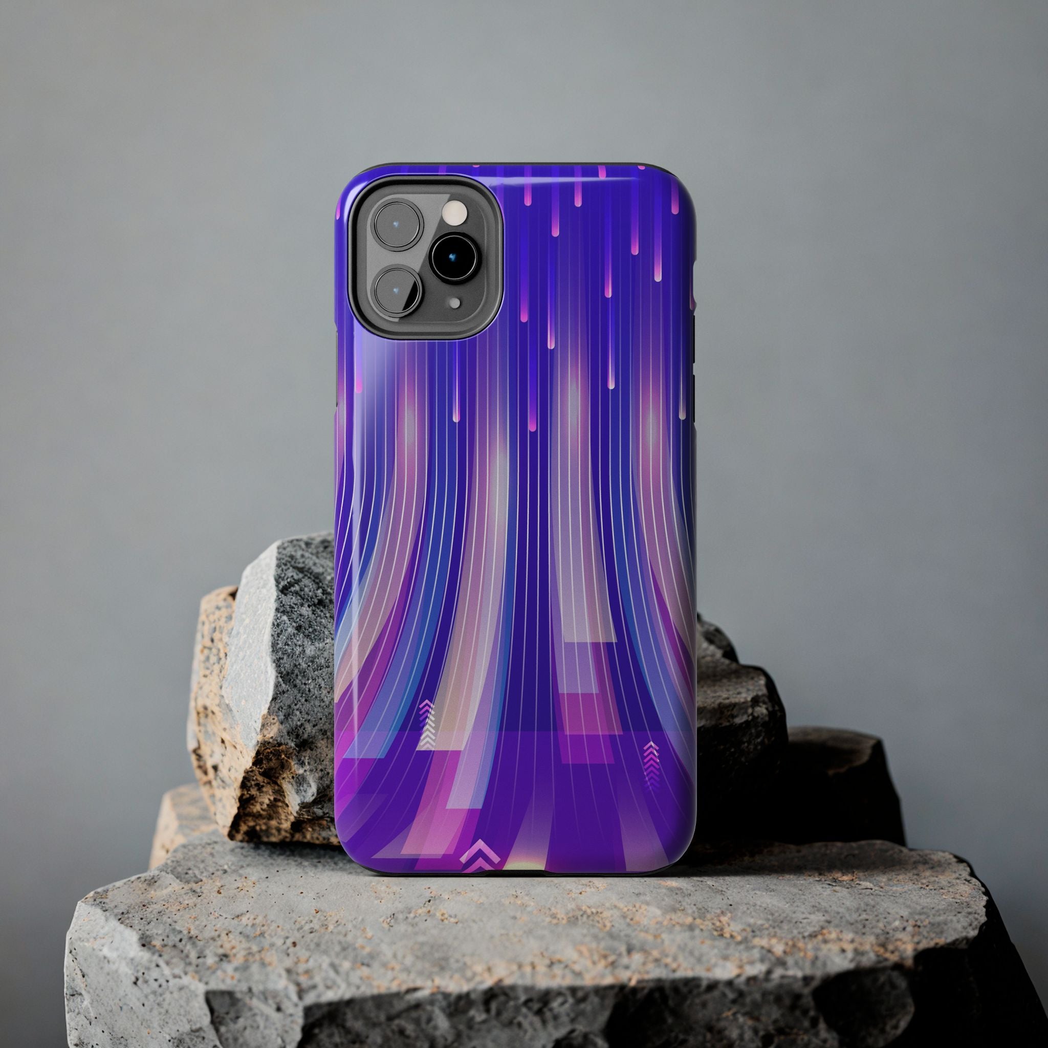 iPhone Samsung Tough Phone Case — Purple Gradient Light Trails Protective Cover — Abstract Glowing Dynamic Design