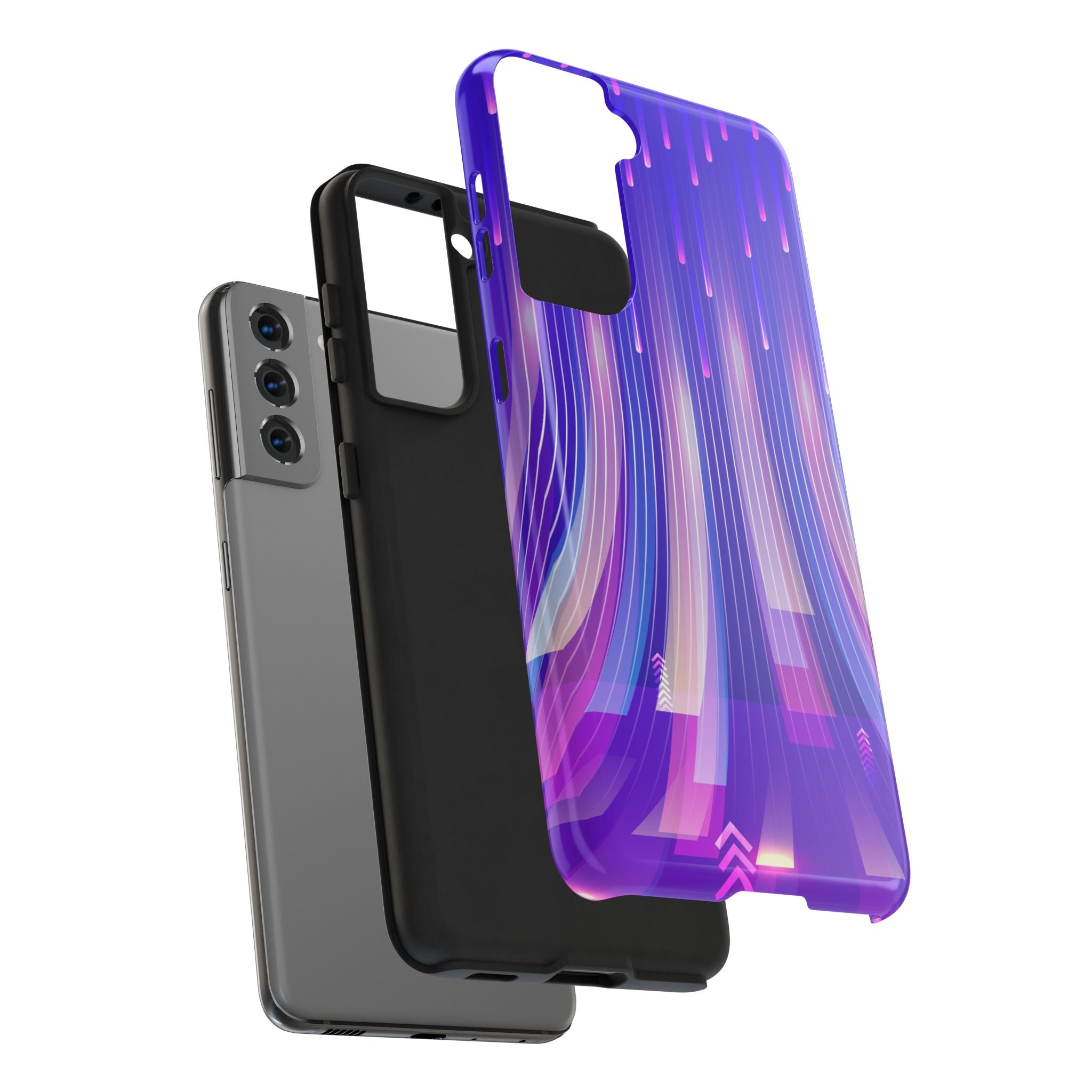 iPhone Samsung Tough Phone Case — Purple Gradient Light Trails Protective Cover — Abstract Glowing Dynamic Design