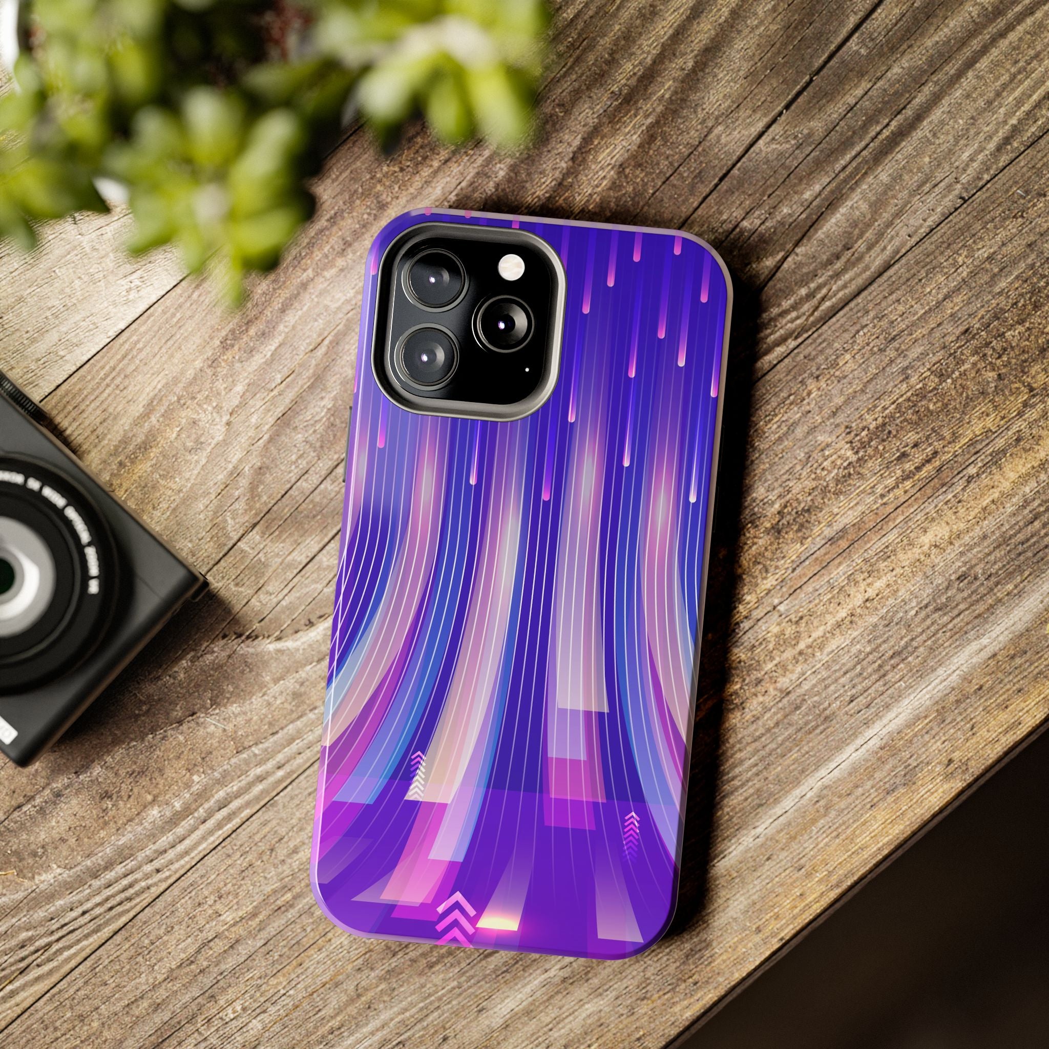 iPhone Samsung Tough Phone Case — Purple Gradient Light Trails Protective Cover — Abstract Glowing Dynamic Design