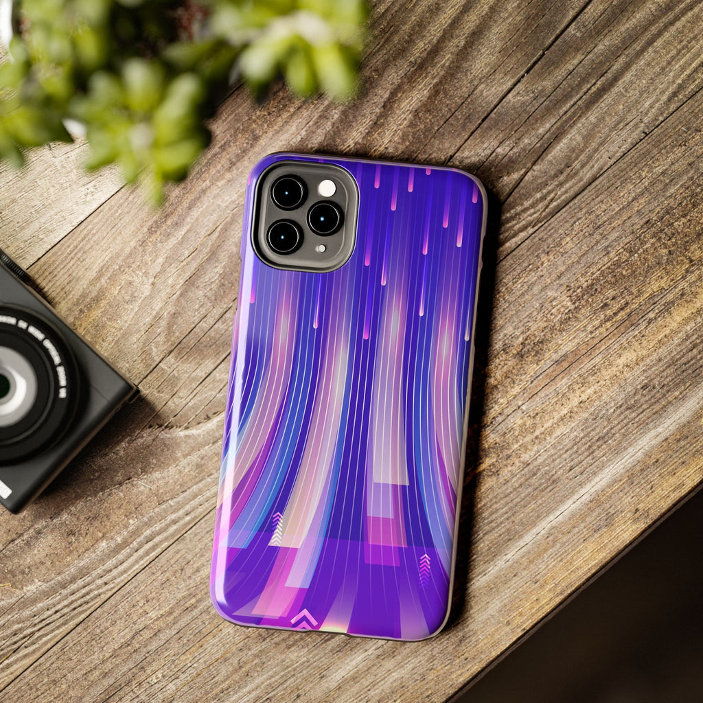 iPhone Samsung Tough Phone Case — Purple Gradient Light Trails Protective Cover — Abstract Glowing Dynamic Design