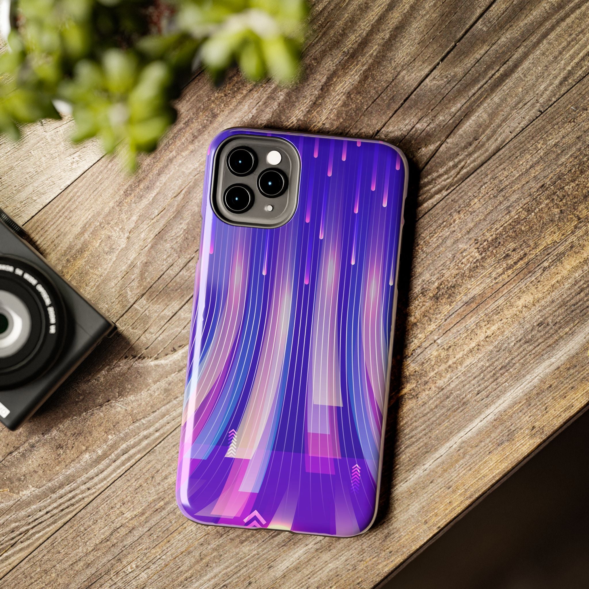 iPhone Samsung Tough Phone Case — Purple Gradient Light Trails Protective Cover — Abstract Glowing Dynamic Design