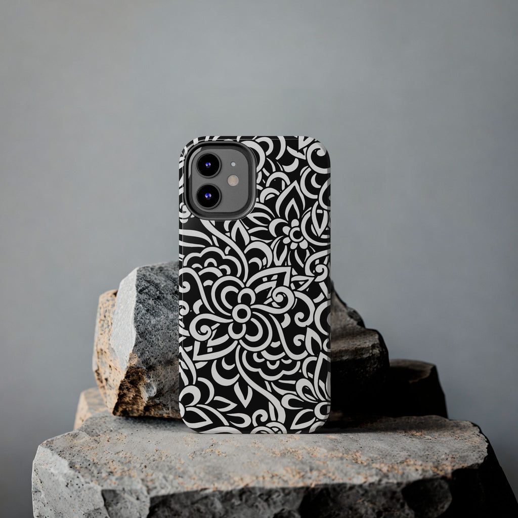iPhone Samsung Floral Lace Tough Phone Case — Black & White Protective iPhone Cover #8594775703735