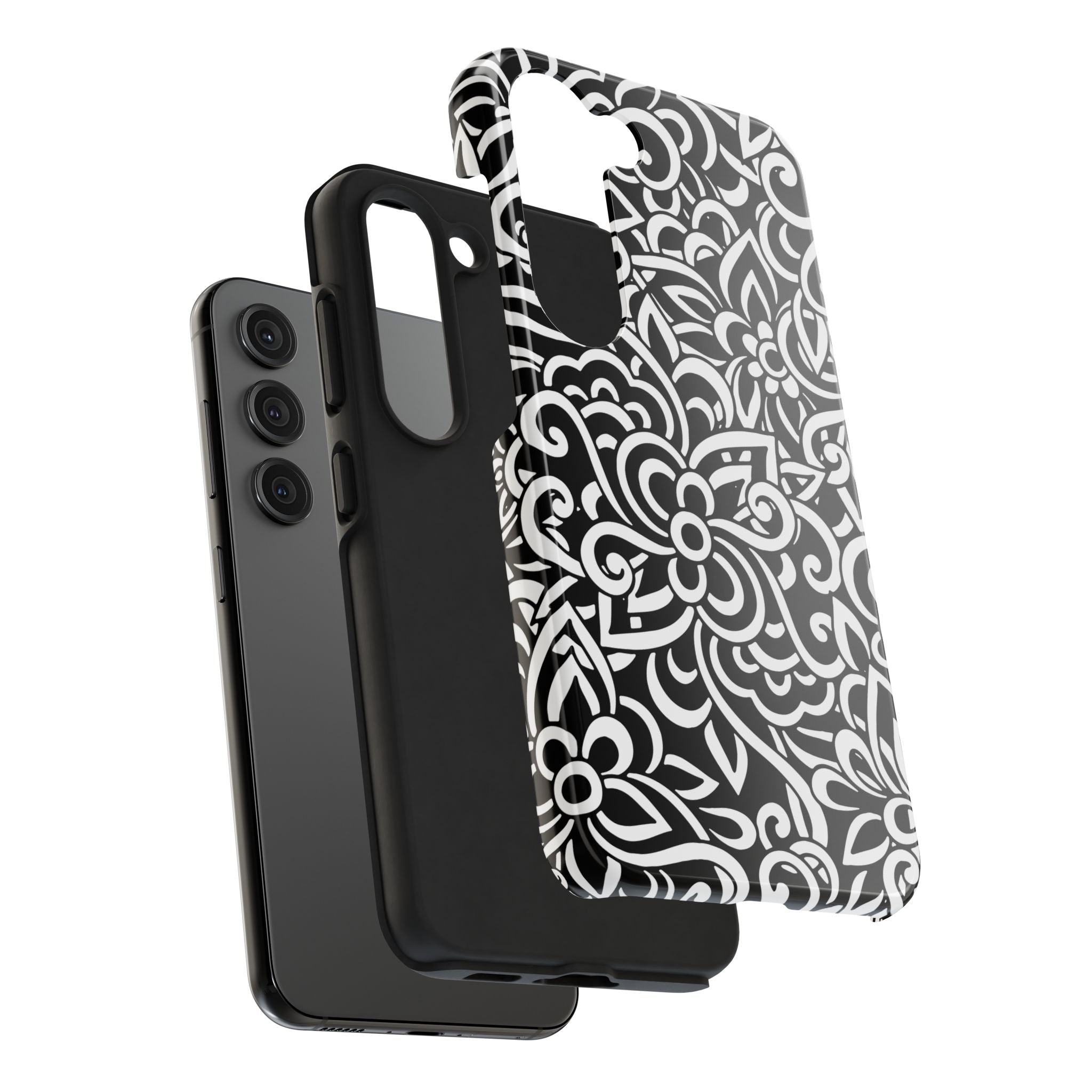 iPhone Samsung Floral Lace Tough Phone Case — Black & White Protective iPhone Cover #8594775703735