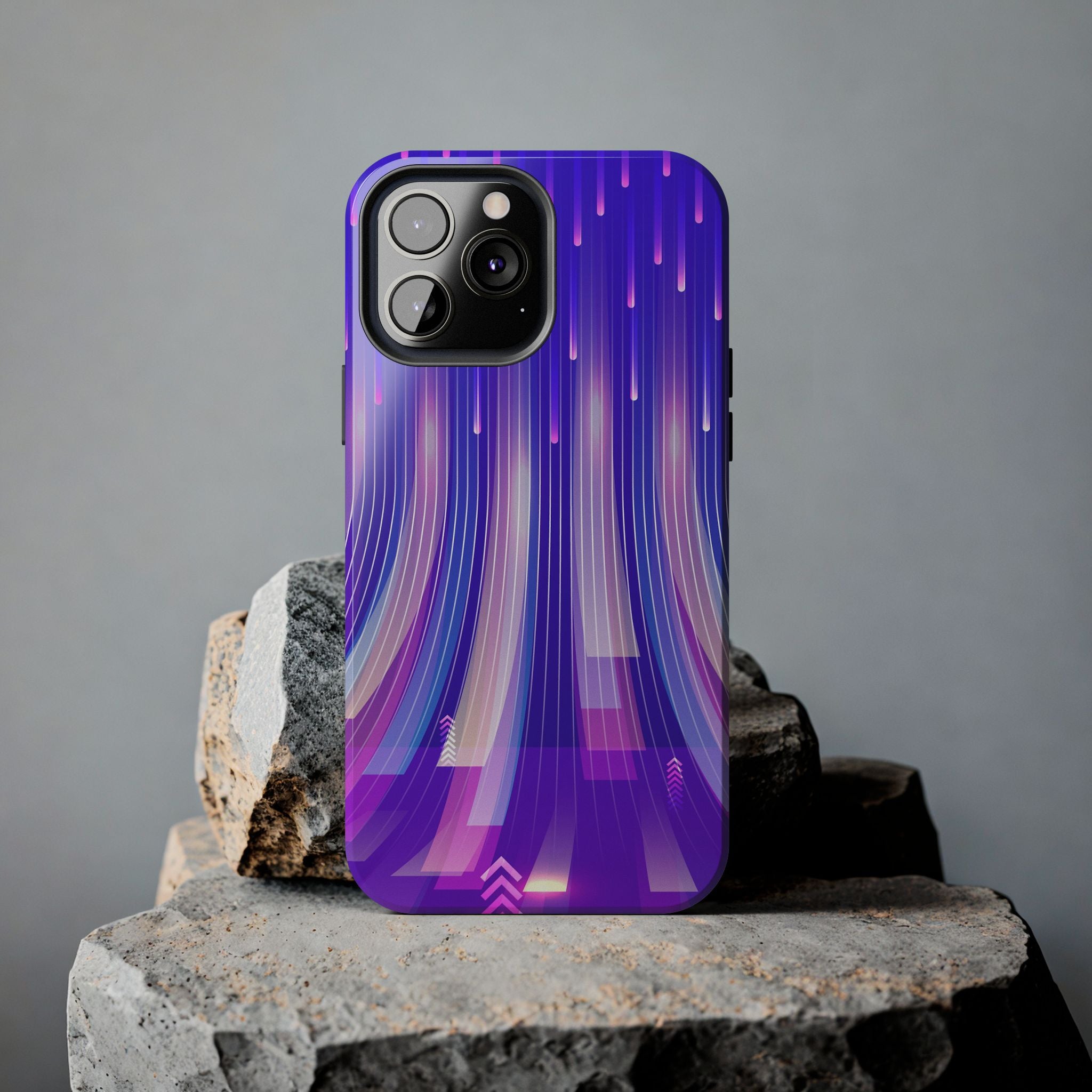 iPhone Samsung Tough Phone Case — Purple Gradient Light Trails Protective Cover — Abstract Glowing Dynamic Design