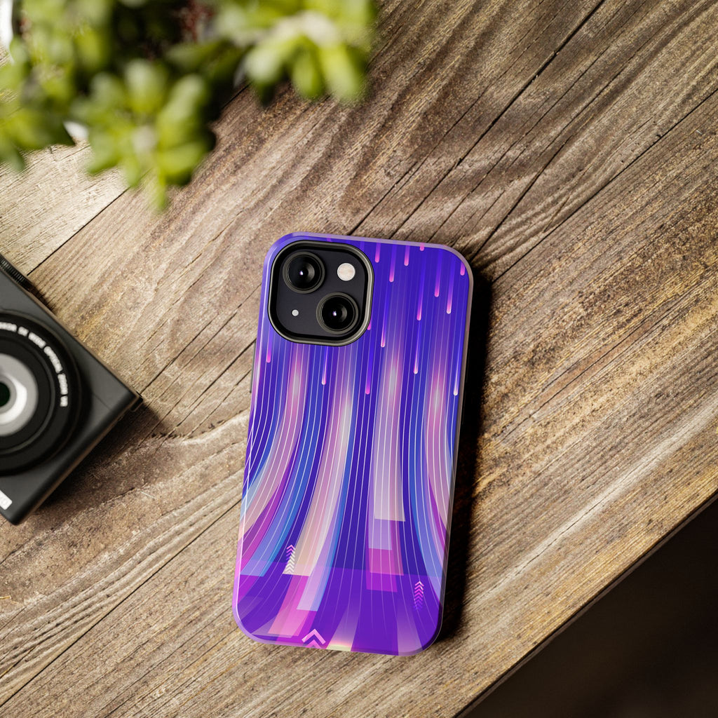 iPhone Samsung Tough Phone Case — Purple Gradient Light Trails Protective Cover — Abstract Glowing Dynamic Design