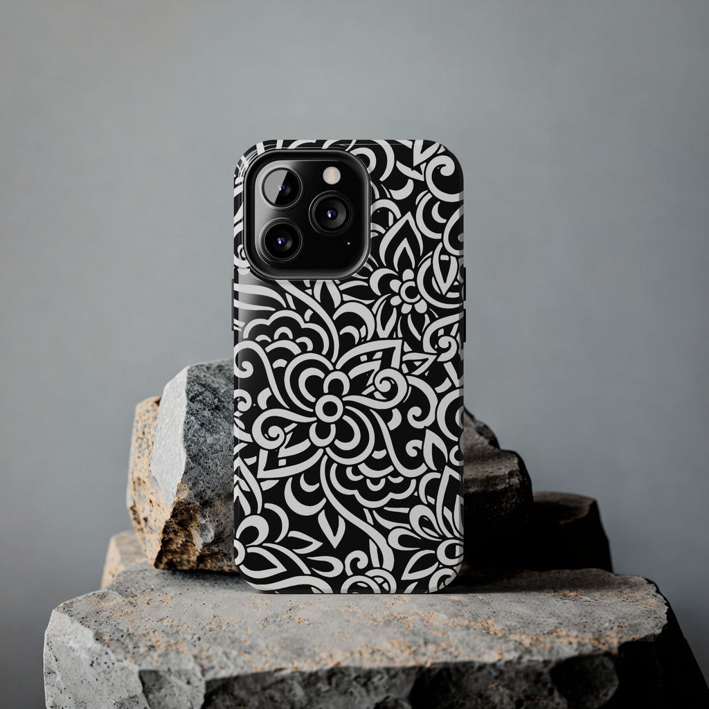 iPhone Samsung Floral Lace Tough Phone Case — Black & White Protective iPhone Cover #8594775703735