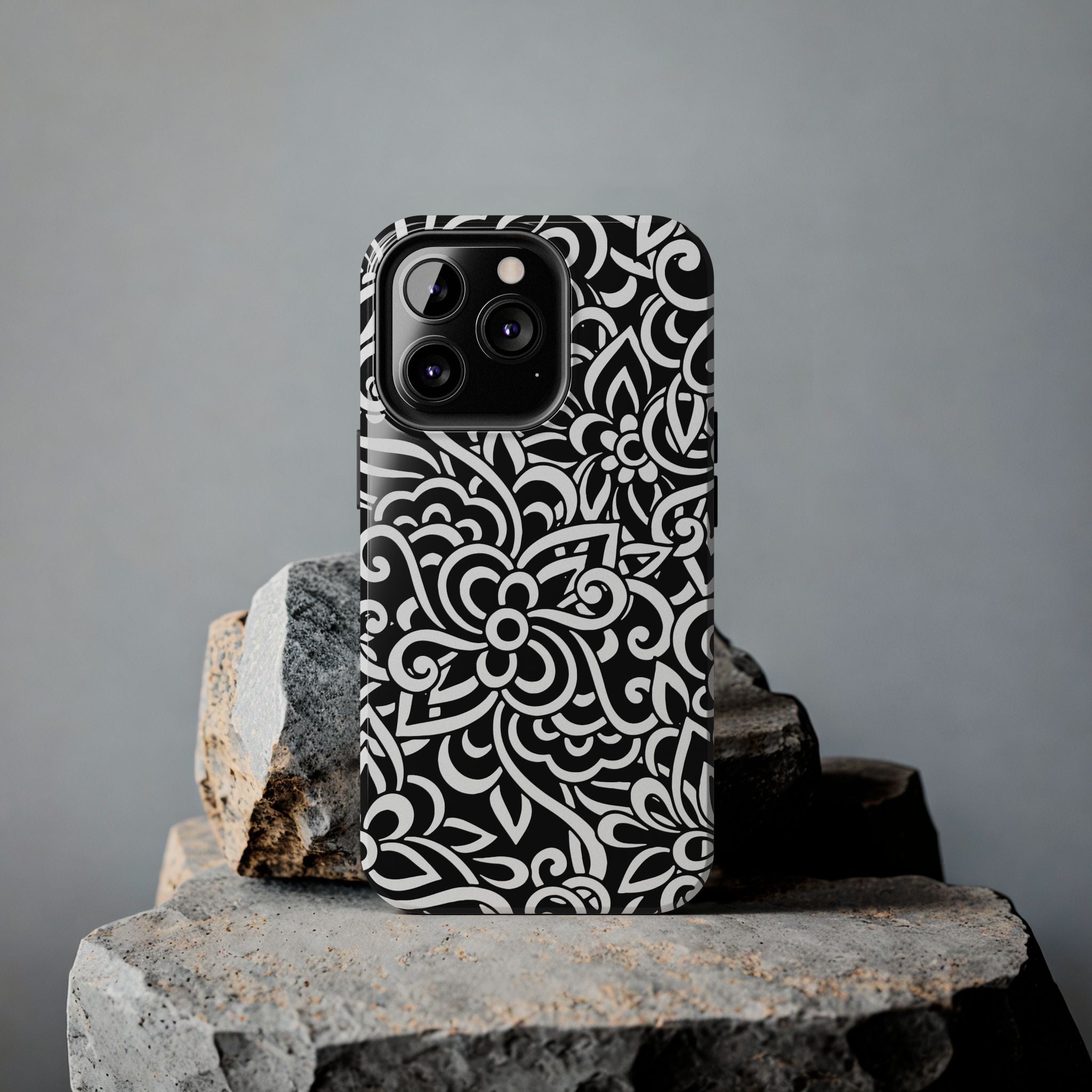 iPhone Samsung Floral Lace Tough Phone Case — Black & White Protective iPhone Cover #8594775703735