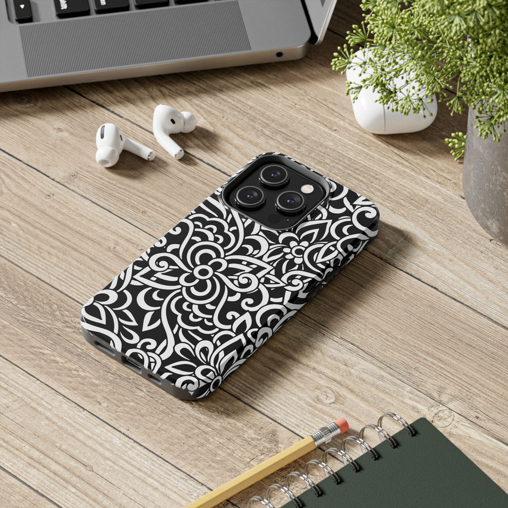 iPhone Samsung Floral Lace Tough Phone Case — Black & White Protective iPhone Cover #8594775703735