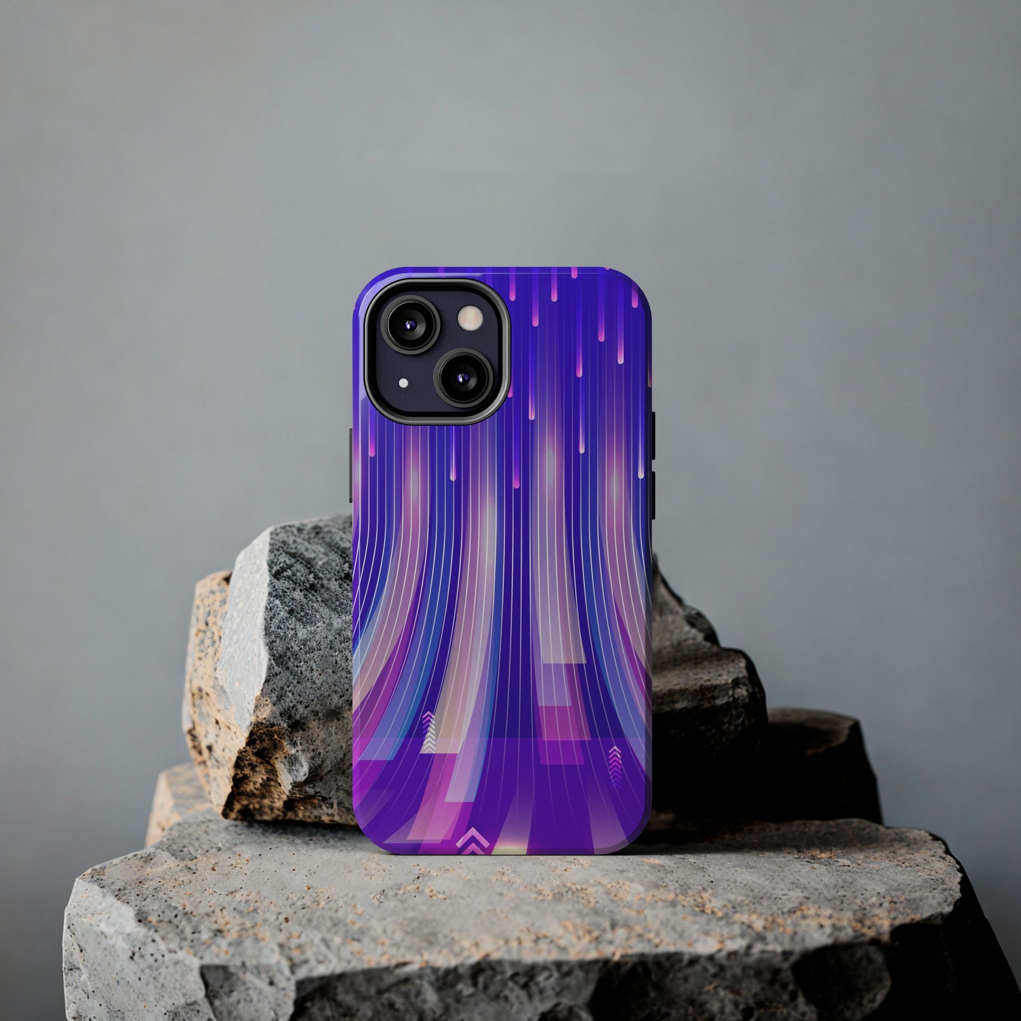 iPhone Samsung Tough Phone Case — Purple Gradient Light Trails Protective Cover — Abstract Glowing Dynamic Design