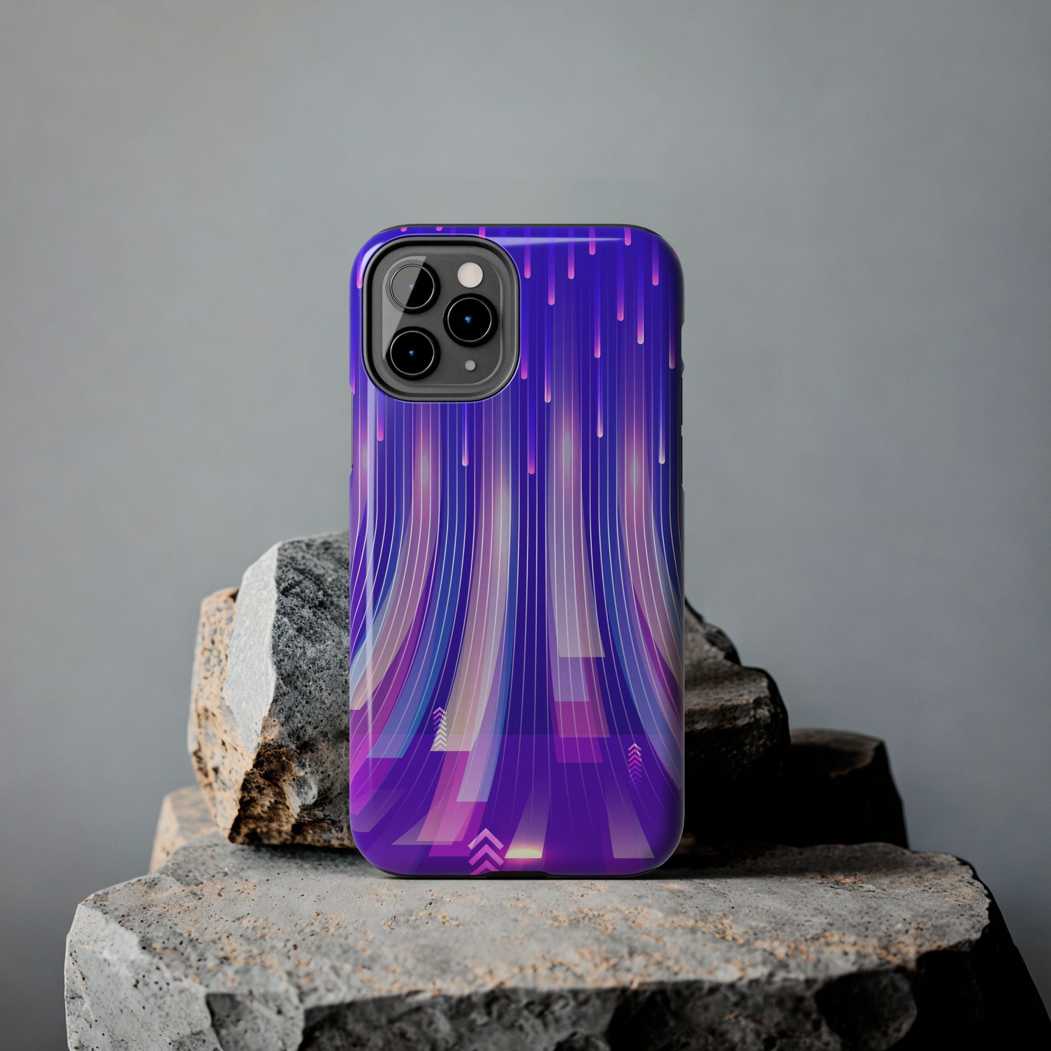 iPhone Samsung Tough Phone Case — Purple Gradient Light Trails Protective Cover — Abstract Glowing Dynamic Design