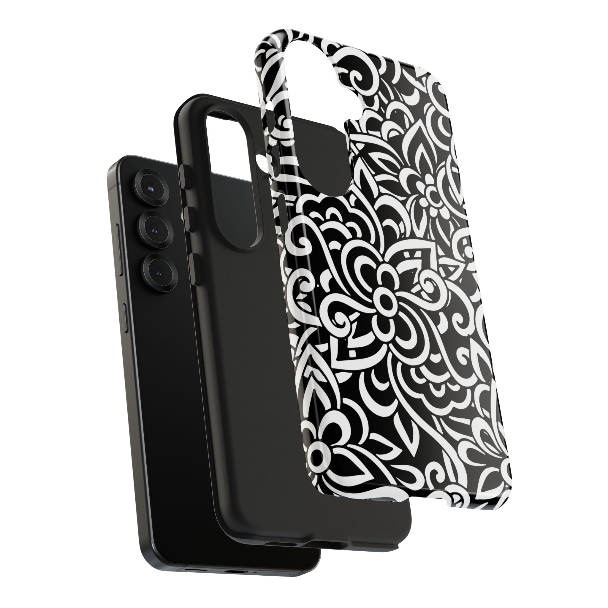 iPhone Samsung Floral Lace Tough Phone Case — Black & White Protective iPhone Cover #8594775703735