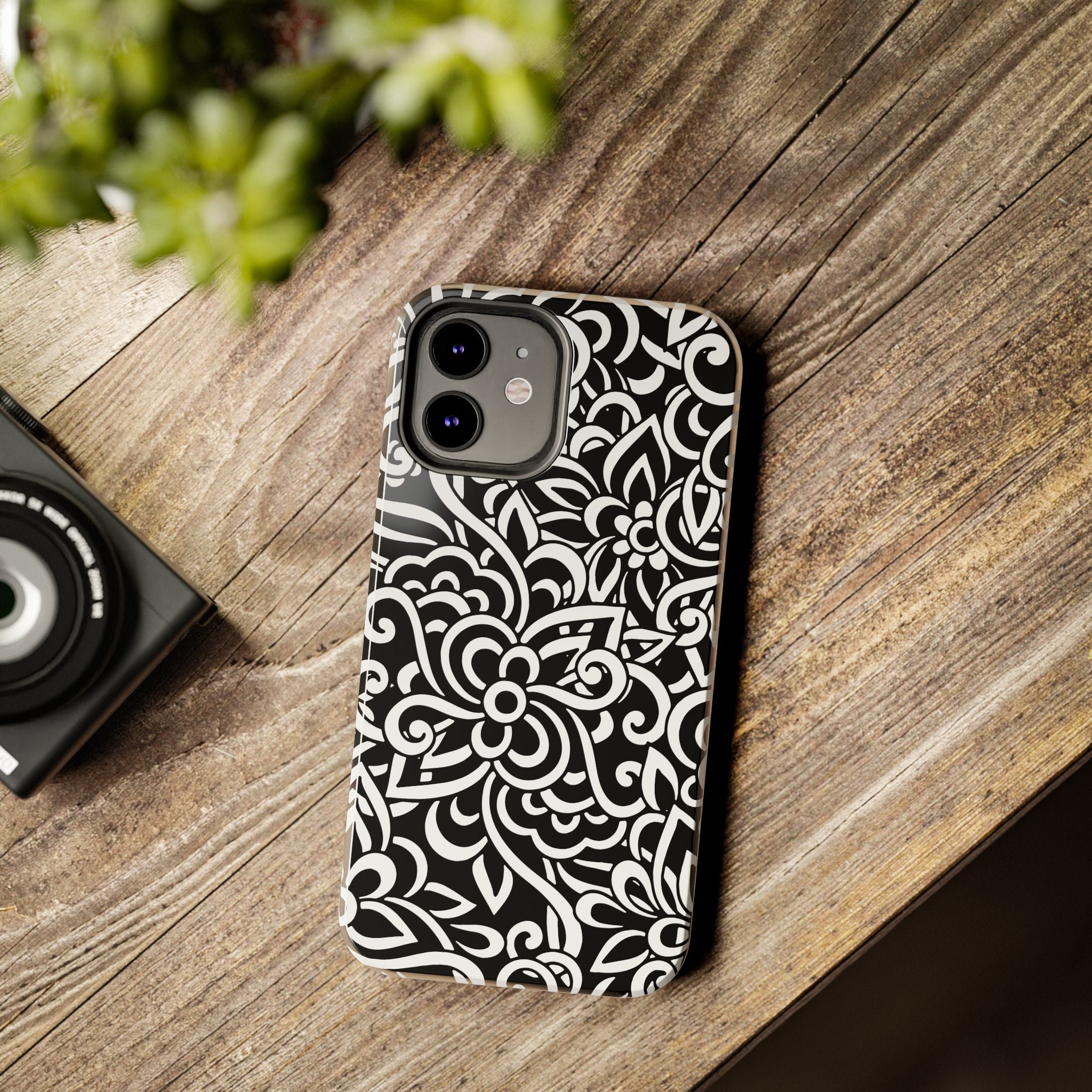 iPhone Samsung Floral Lace Tough Phone Case — Black & White Protective iPhone Cover #8594775703735