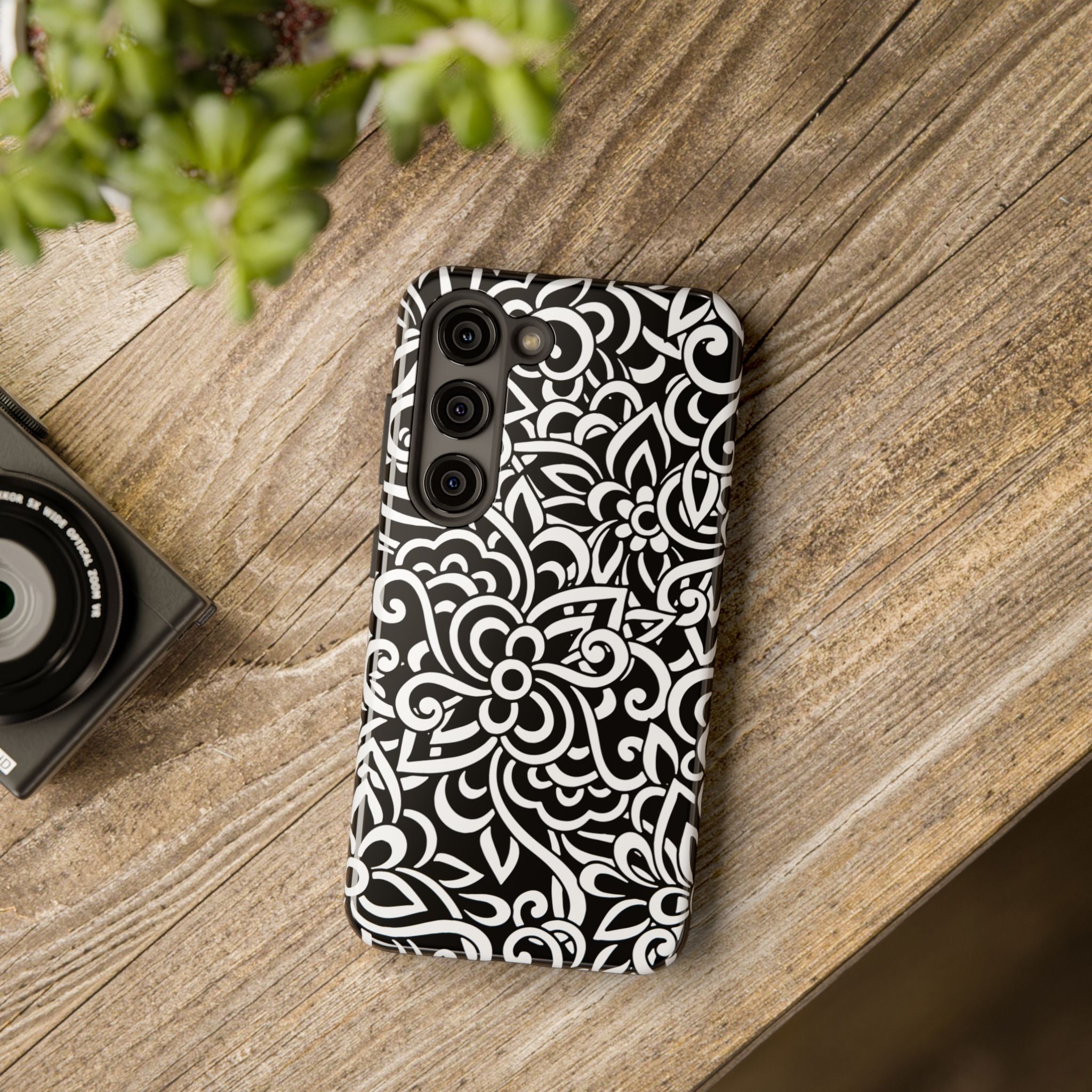 iPhone Samsung Floral Lace Tough Phone Case — Black & White Protective iPhone Cover #8594775703735