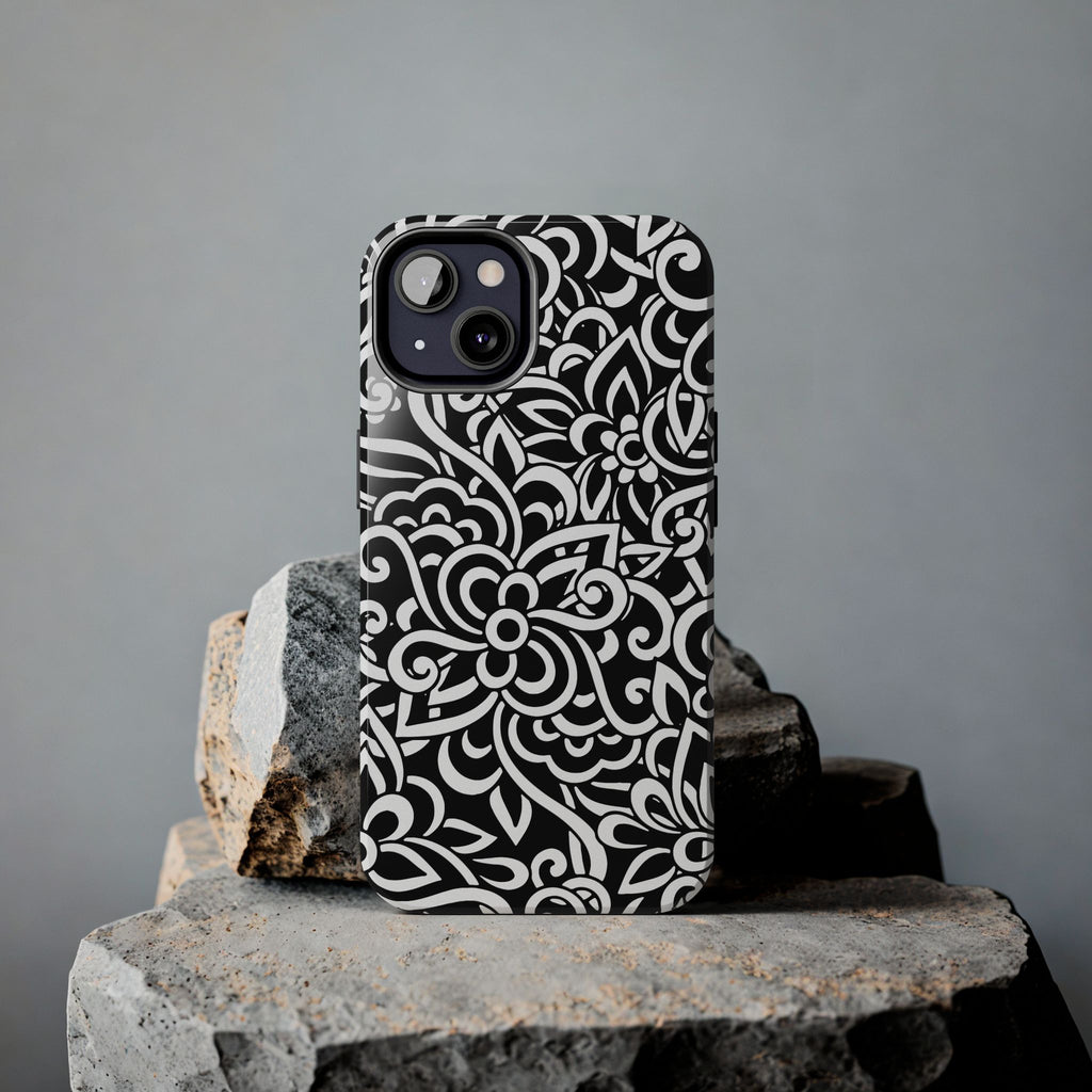 iPhone Samsung Floral Lace Tough Phone Case — Black & White Protective iPhone Cover #8594775703735