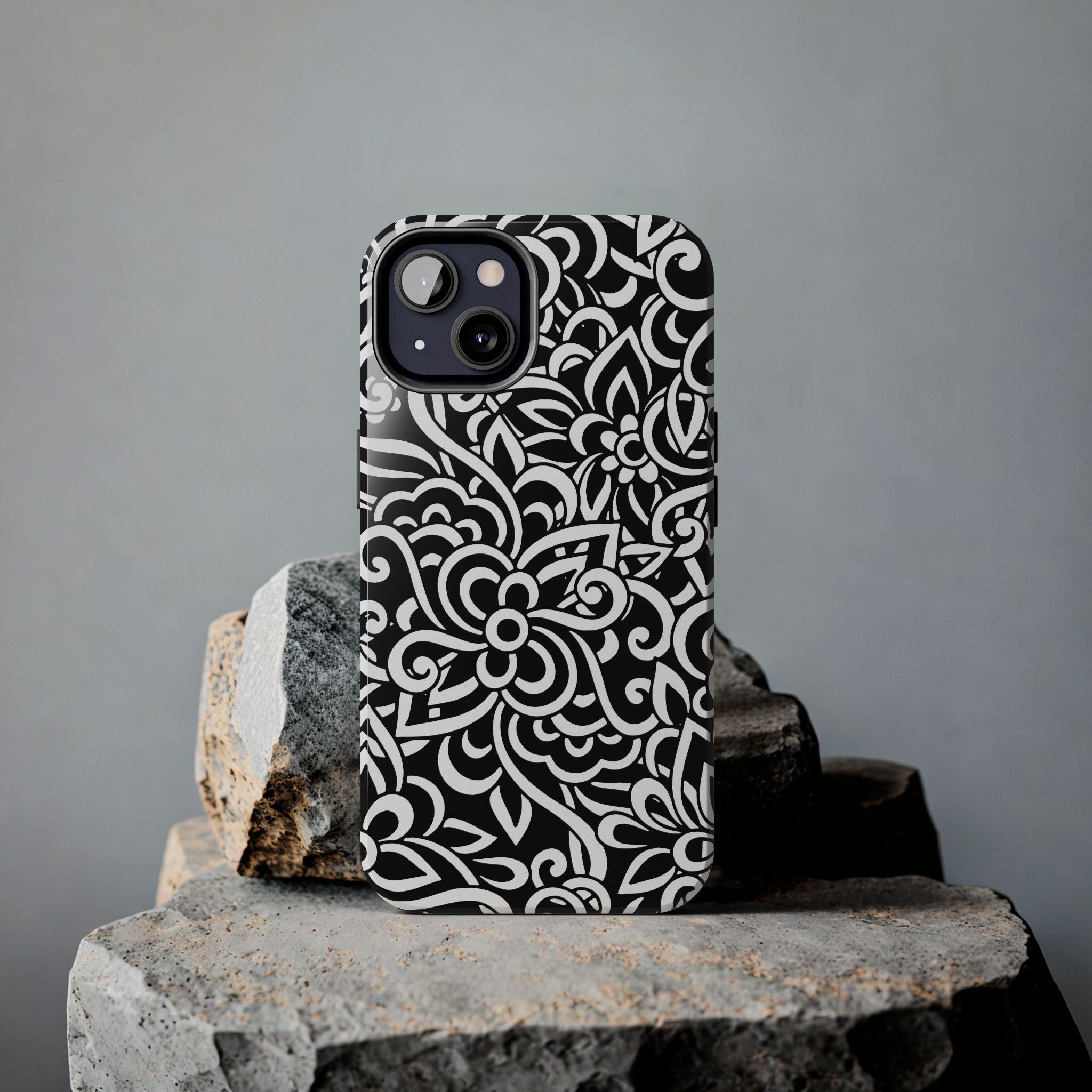 iPhone Samsung Floral Lace Tough Phone Case — Black & White Protective iPhone Cover #8594775703735