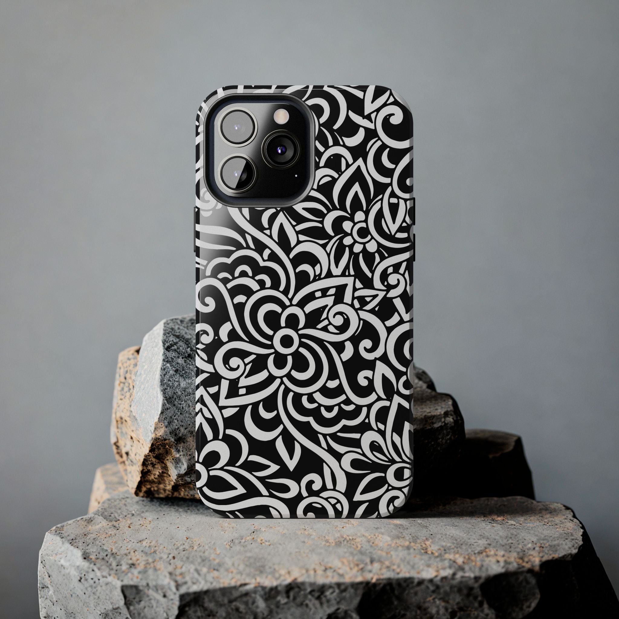 iPhone Samsung Floral Lace Tough Phone Case — Black & White Protective iPhone Cover #8594775703735