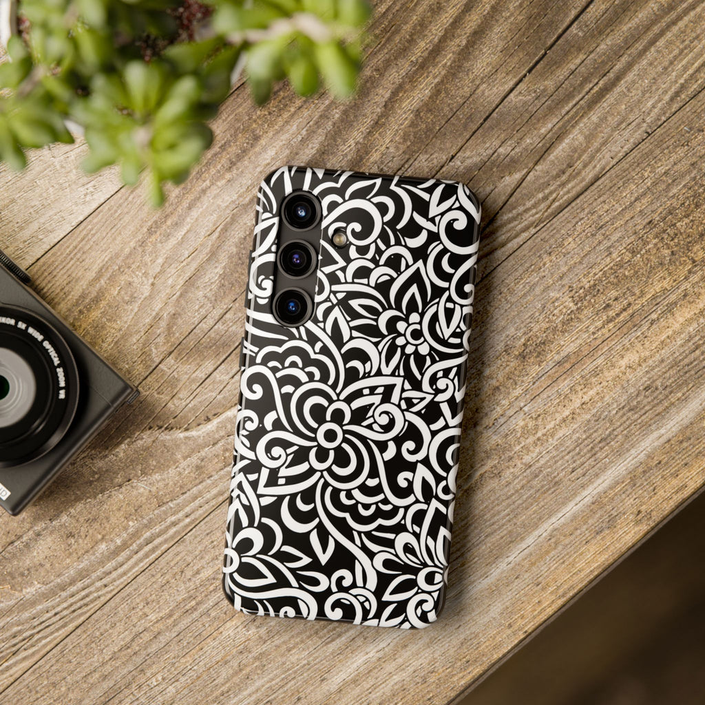 iPhone Samsung Floral Lace Tough Phone Case — Black & White Protective iPhone Cover #8594775703735